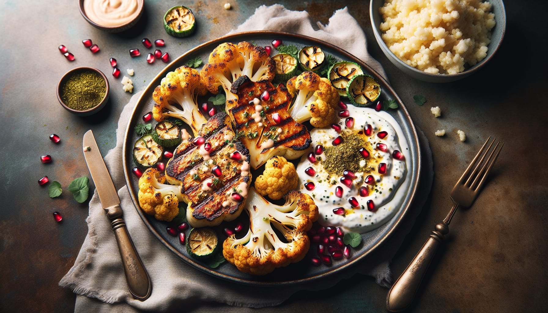 Roasted Cauliflower Steaks with Zaatar Yogurt Sauce and Pomegranate Salsa - A delicious recipe by DigiDish