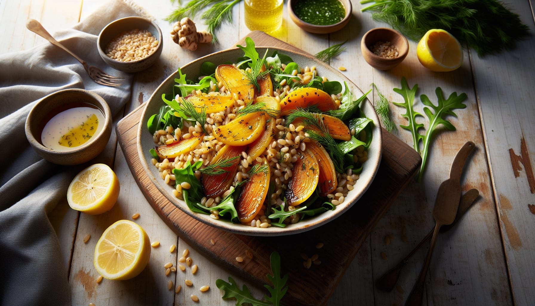 Rustic Lemon Herb Farro Salad with Honey Roasted Parsnips and Arugula - A delicious recipe by DigiDish