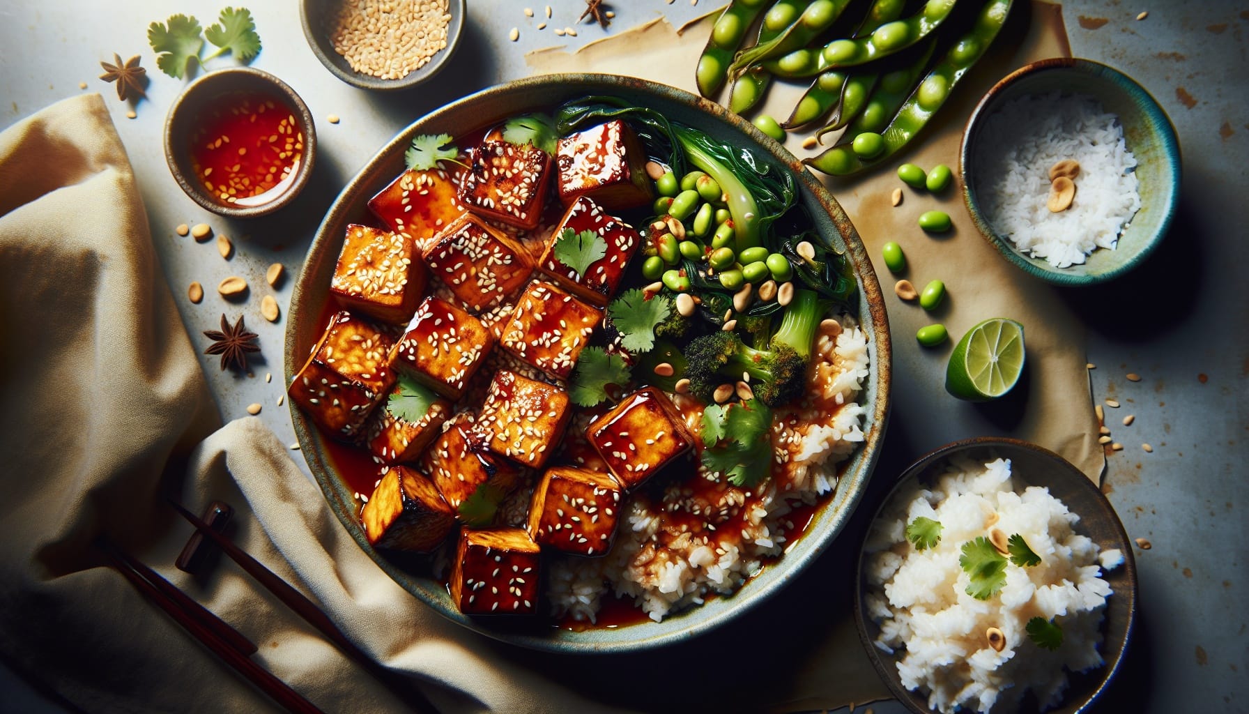 Crispy Sesame Tofu with Sweet Chili Lime Glaze and Coconut Rice - A delicious recipe by DigiDish