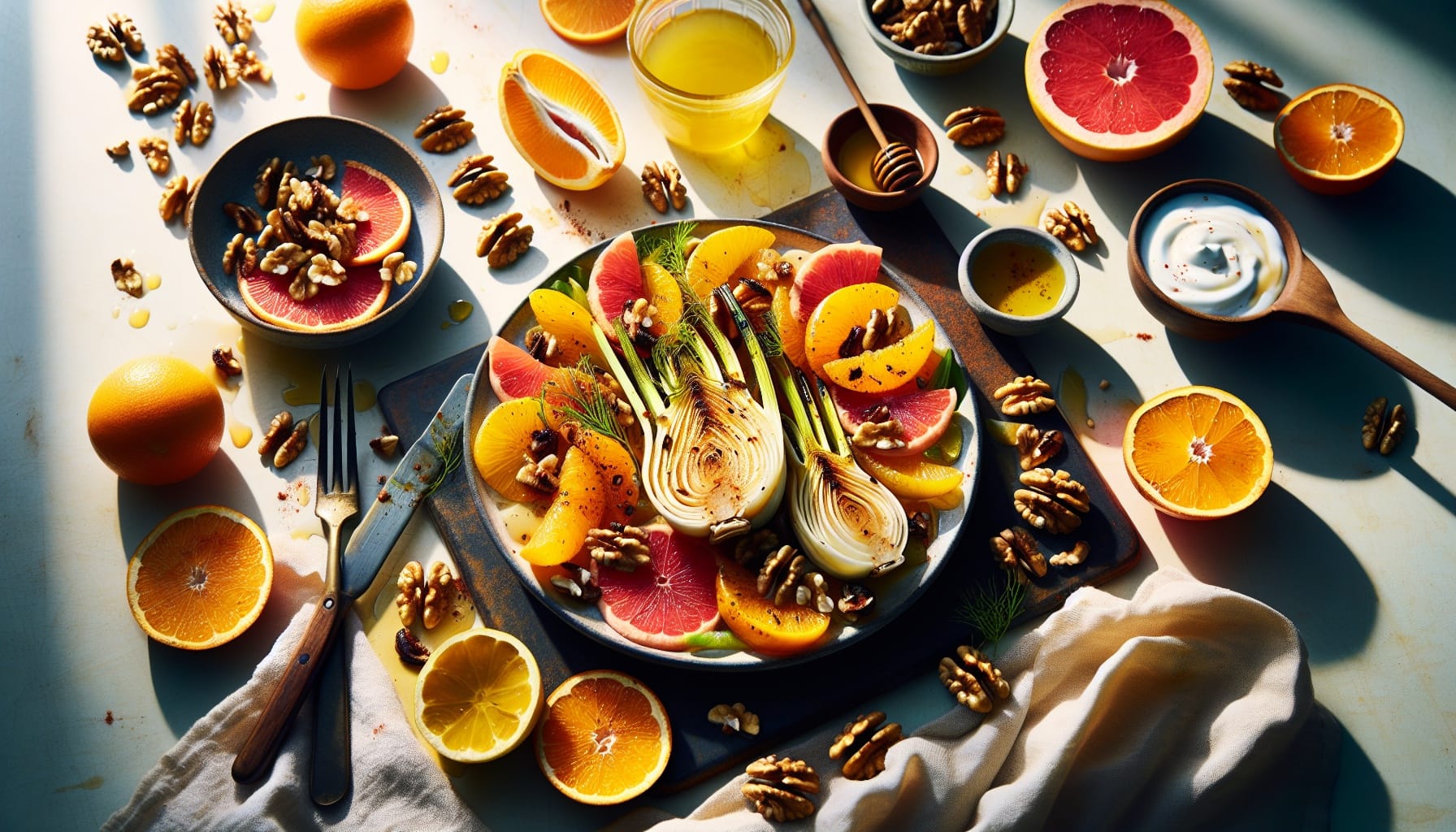 Roasted Fennel and Citrus Salad with Spiced Walnut Crunch and Honey Yogurt Drizzle - A delicious recipe by DigiDish