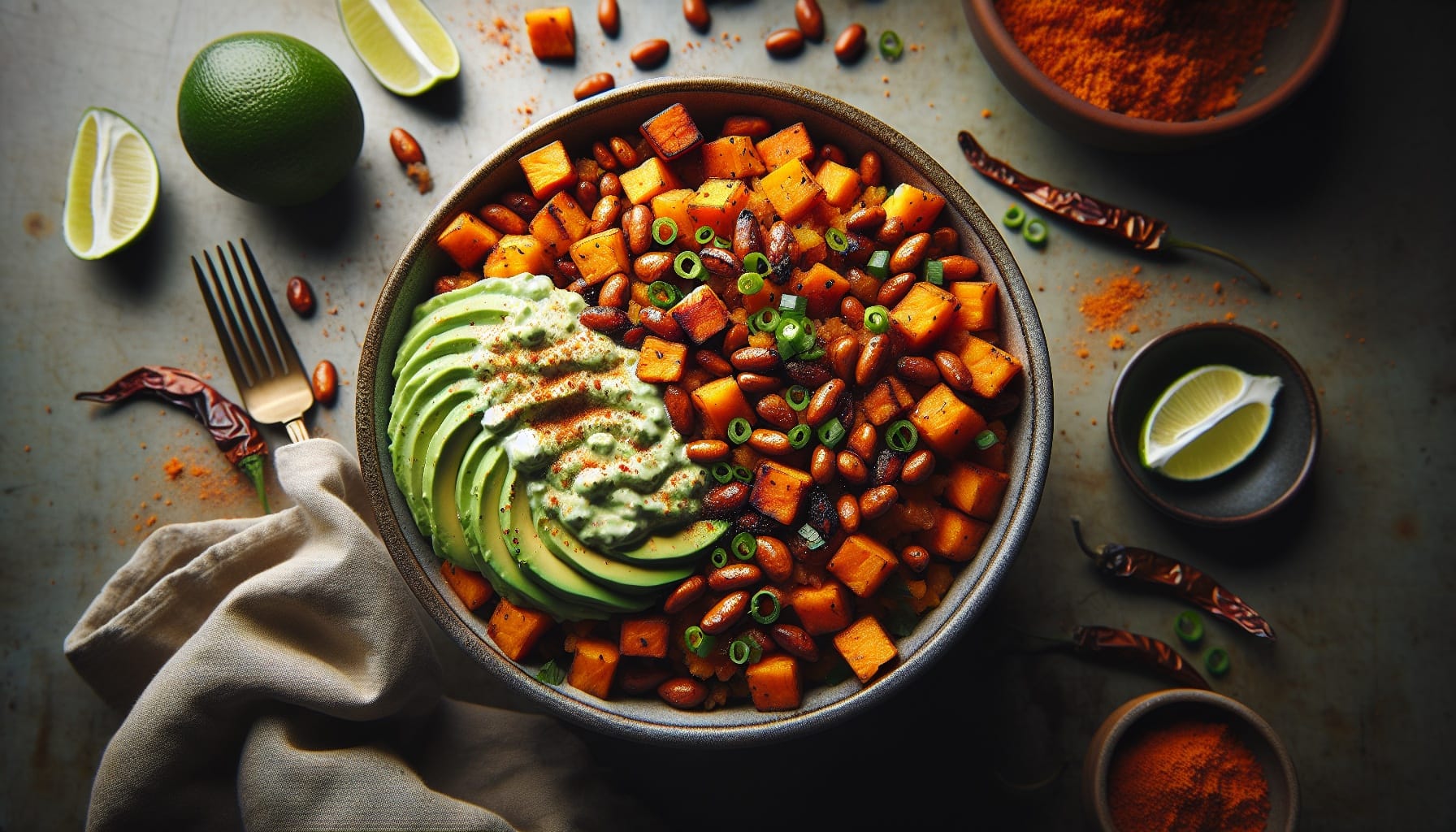 Chipotle Lime Sweet Potato Hash with Crispy Black Beans and Avocado Crema - A delicious recipe by DigiDish