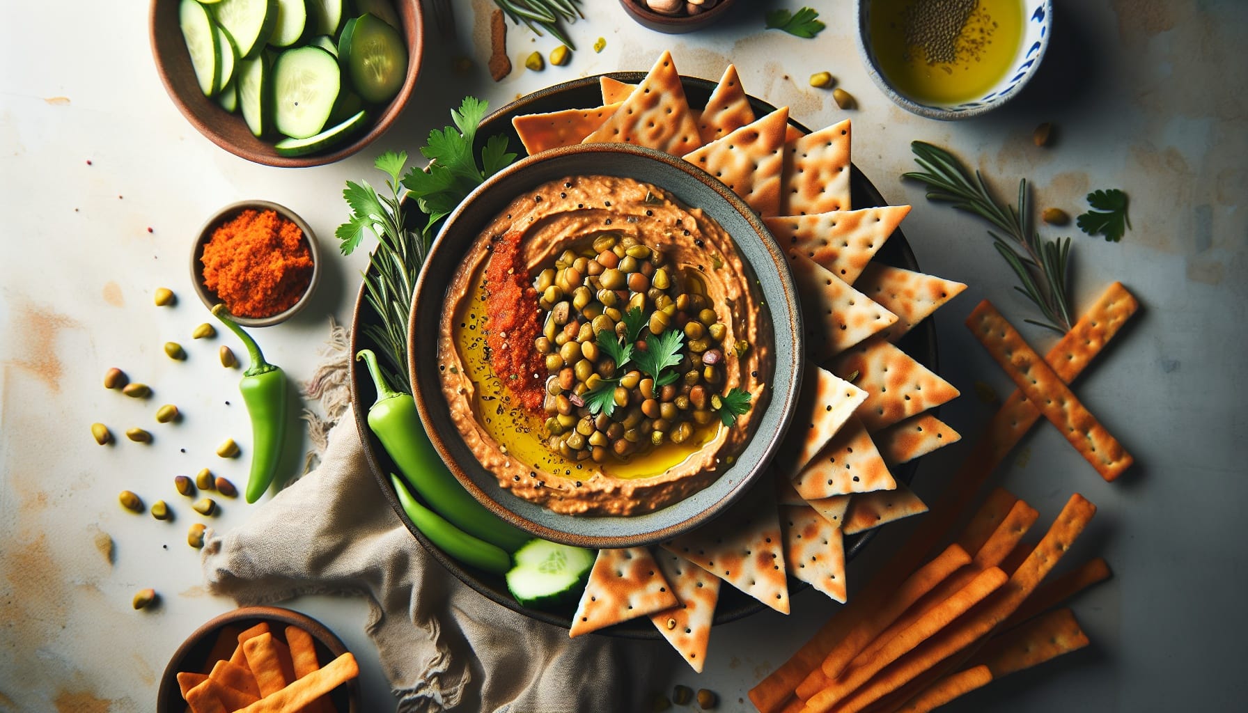 Creamy Harissa Lentil Dip with Rosemary Flatbread Chips - A delicious recipe by DigiDish