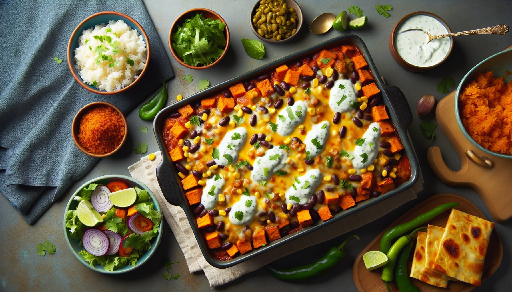 Smoky Sweet Potato and Black Bean Enchilada Bake with Cilantro Lime Crema - A delicious recipe by DigiDish