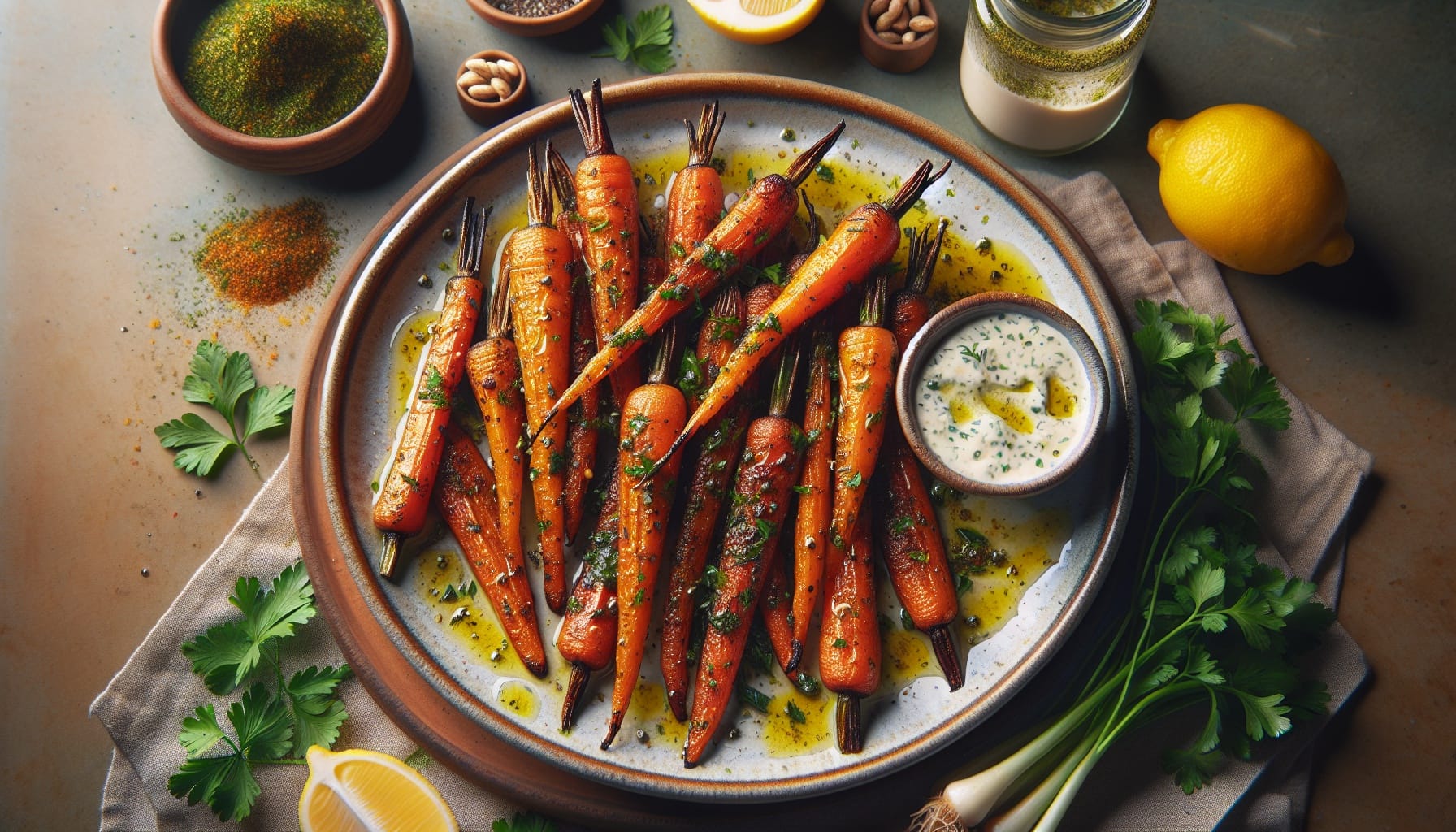 Crispy Zaatar Roasted Carrots with Lemon Herb Tahini Dressing - A delicious recipe by DigiDish