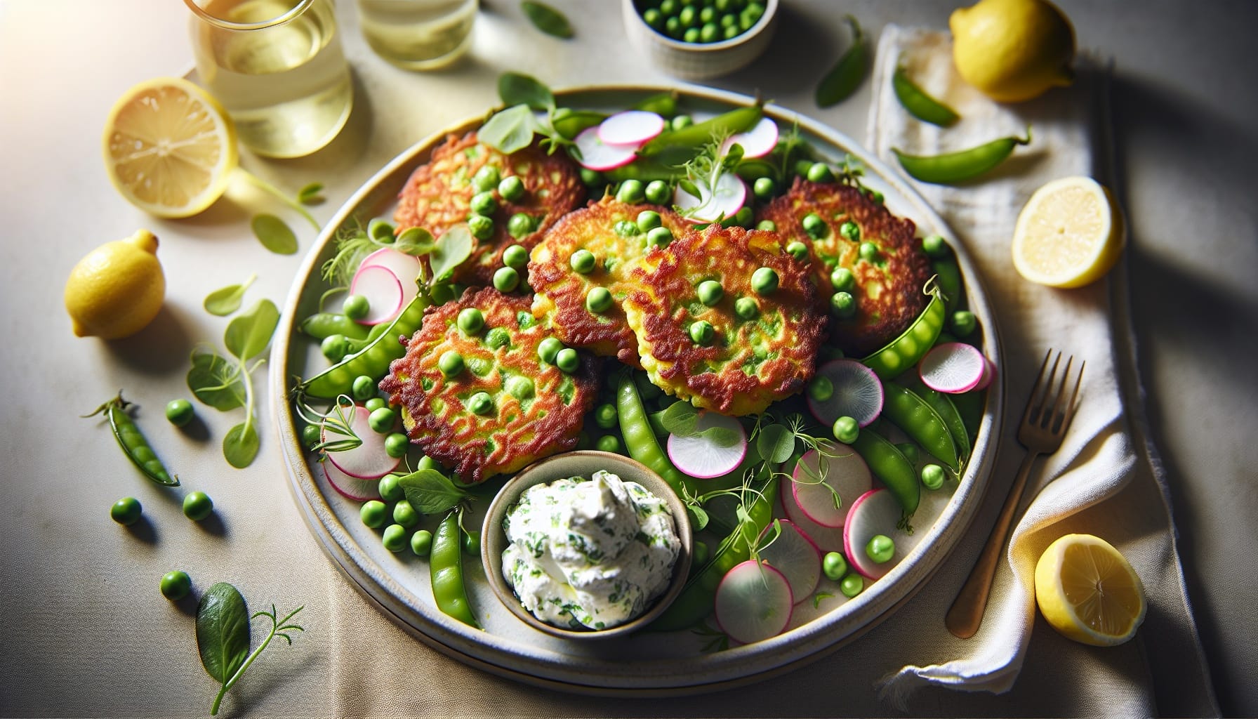 Spring Pea Fritters with Lemon Herb Whipped Ricotta and Radish Salad - A delicious recipe by DigiDish