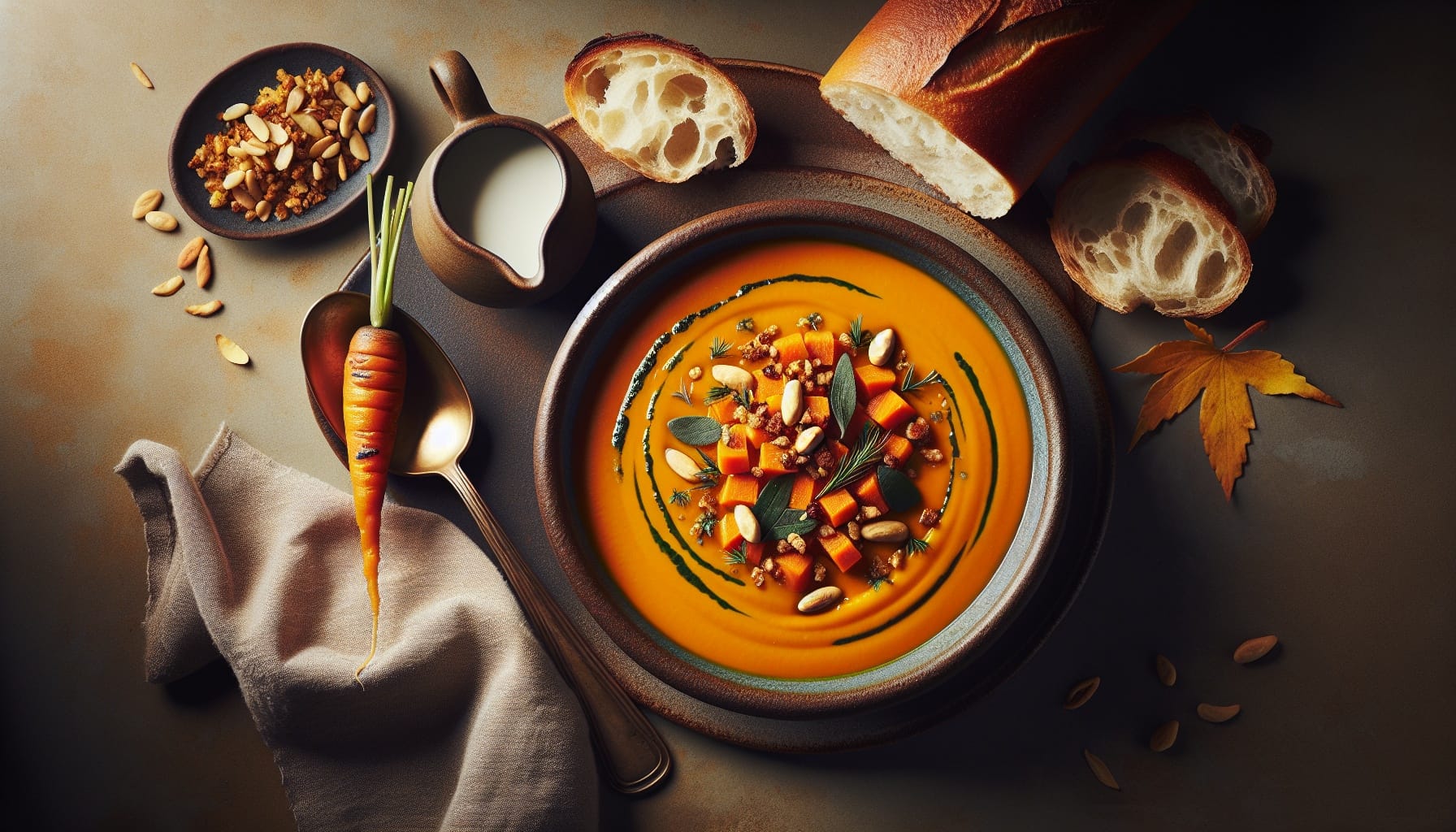 Carrot Tarragon Soup with Toasted Pine Nut Crumble - A delicious recipe by DigiDish
