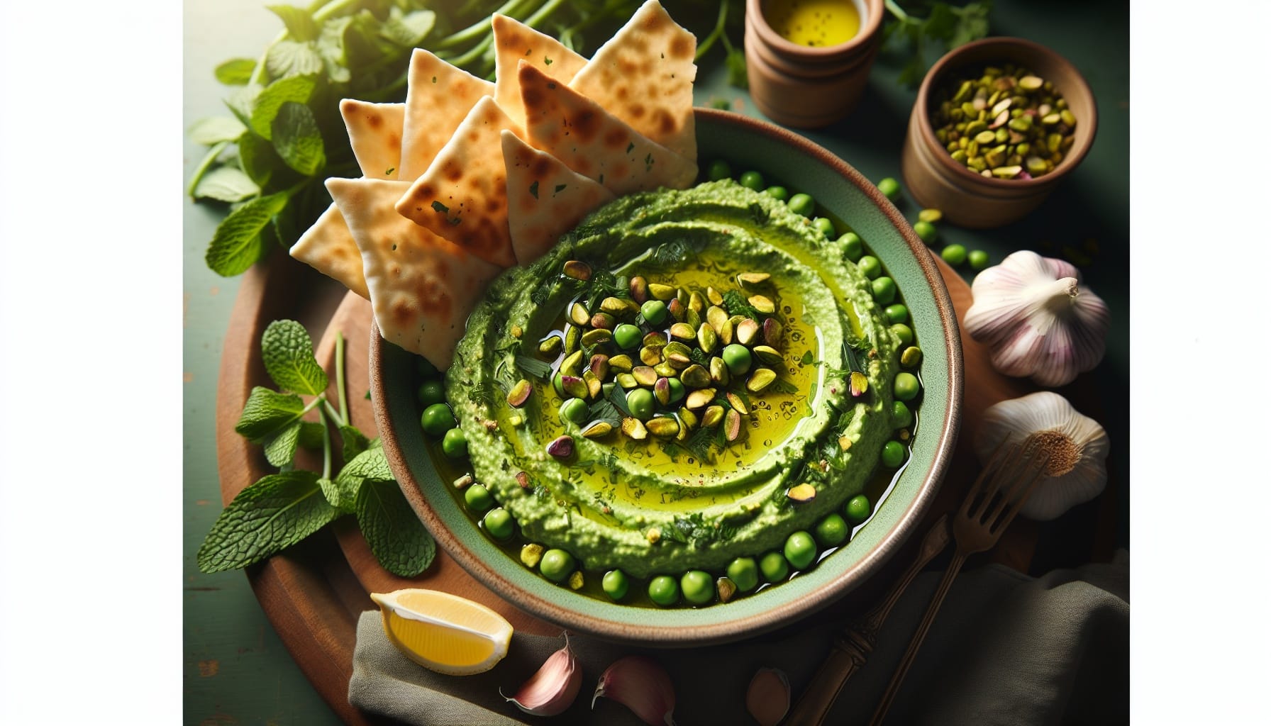 Herbed Spring Pea and Pistachio Hummus with Lemon Garlic Pita Chips - A delicious recipe by DigiDish