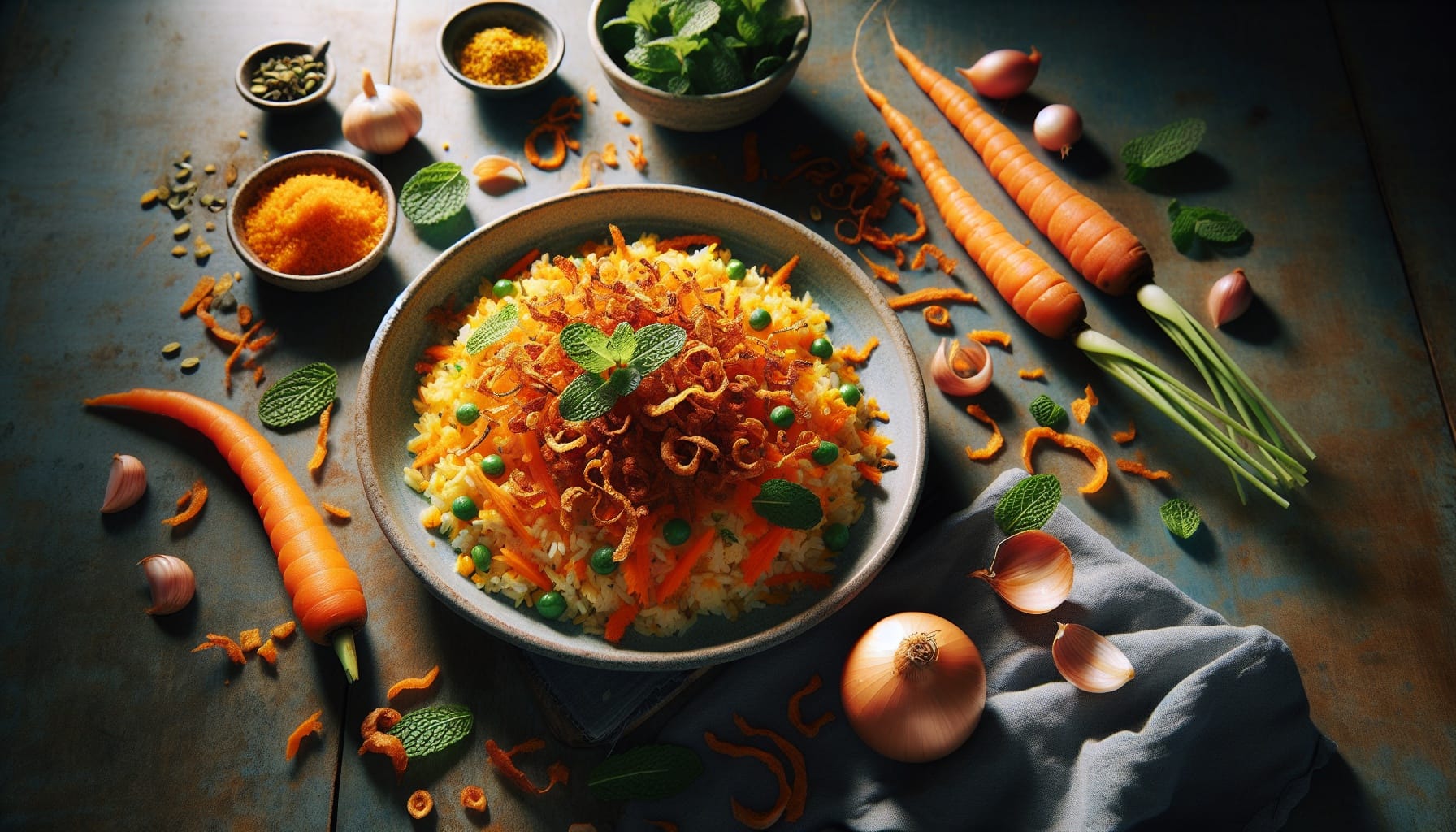 Spiced Coconut Carrot Rice with Crispy Shallots and Mint - A delicious recipe by DigiDish