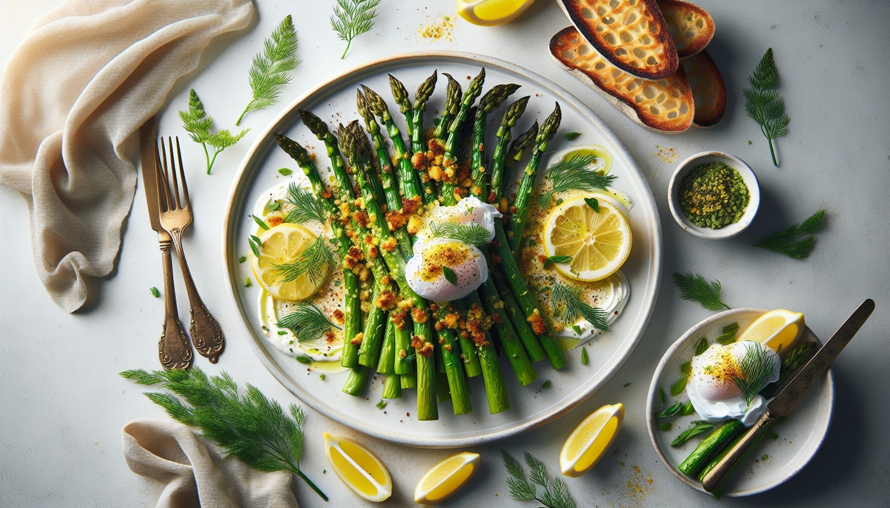 Roasted Spring Asparagus with Lemon Dill Labneh and Crispy Shallot Crumbs - A delicious recipe by DigiDish