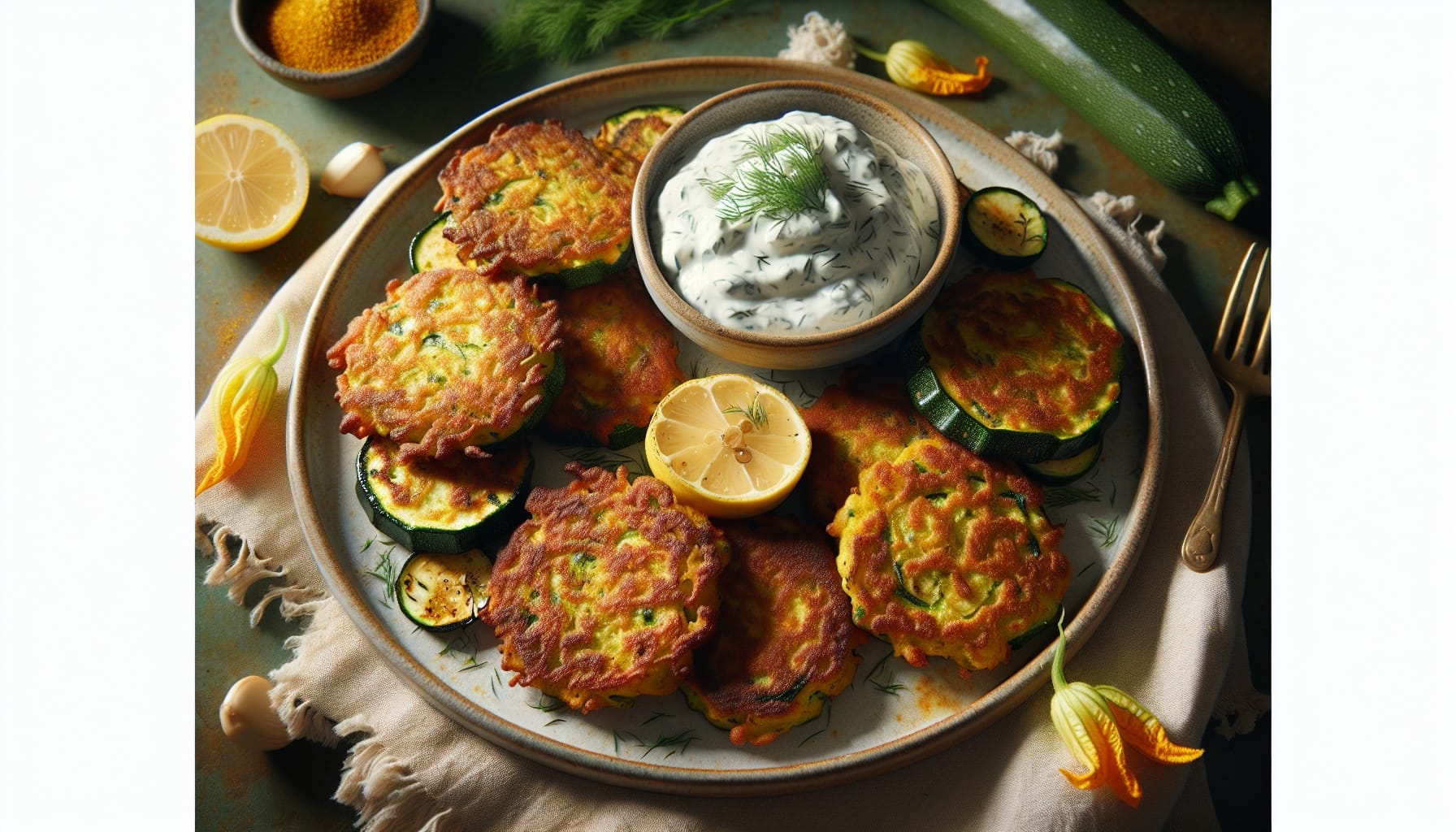 Crispy Spiced Zucchini Fritters with Lemon Garlic Dill Sauce - A delicious recipe by DigiDish