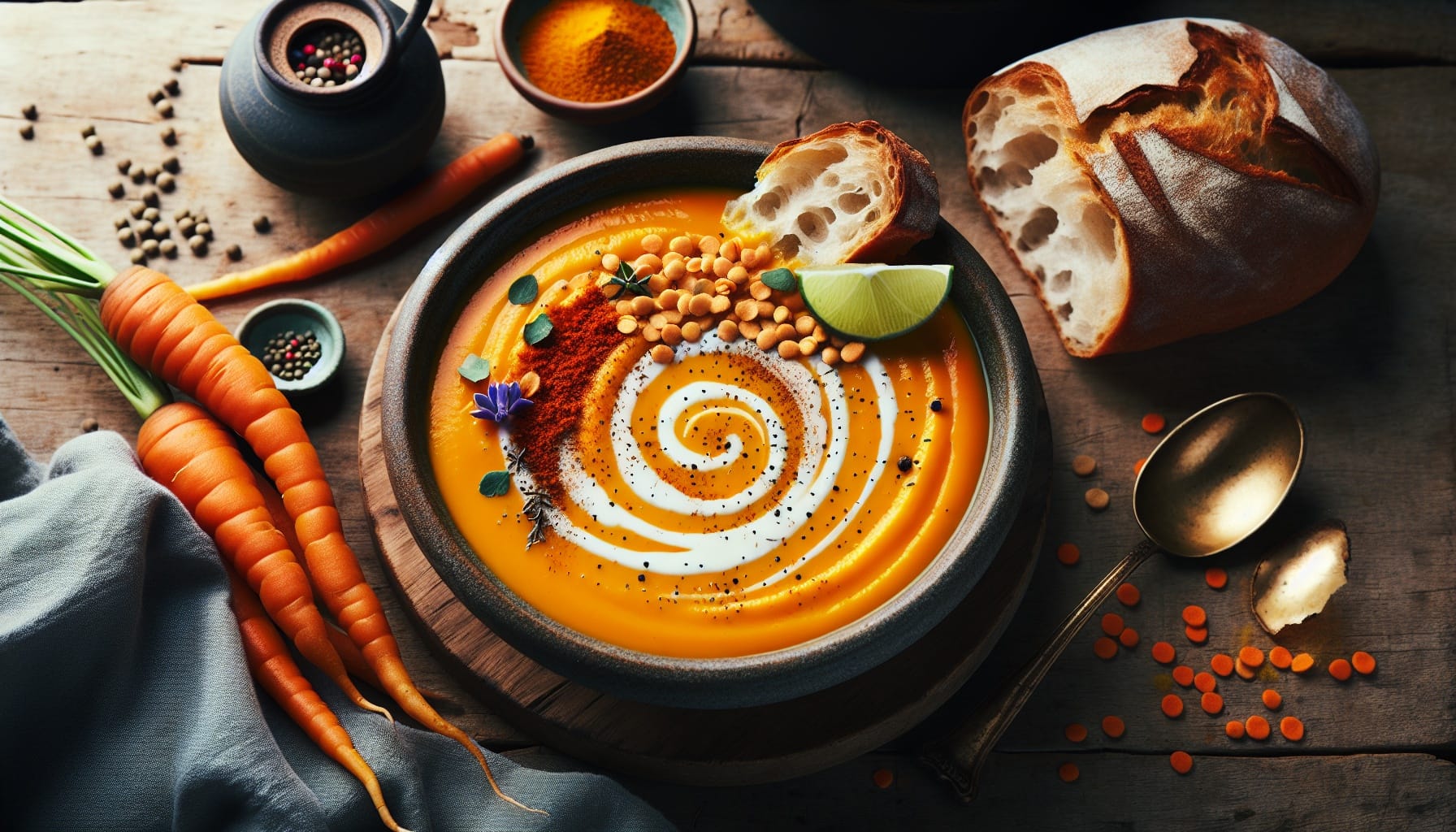 Spiced Carrot Ginger Soup with Coconut Lime Swirl and Crispy Lentil Topping - A delicious recipe by DigiDish