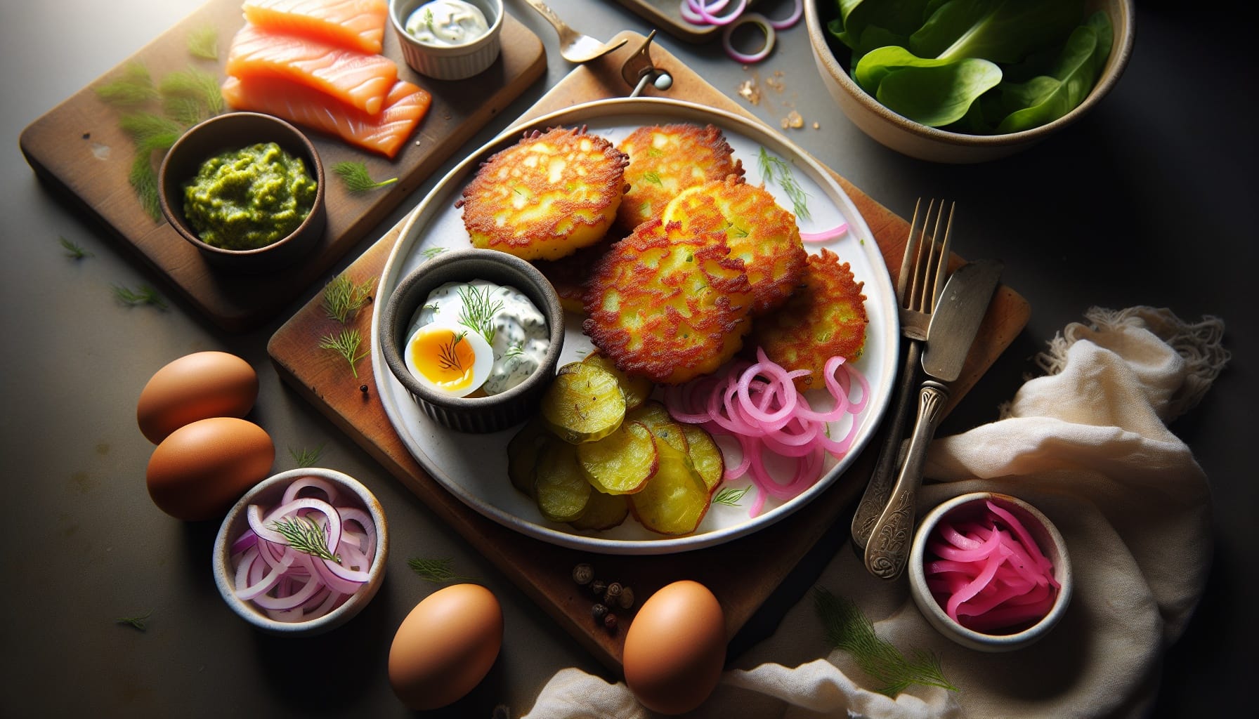 Crispy Potato Cakes with Horseradish Dill Sauce and Pickled Red Onions - A delicious recipe by DigiDish