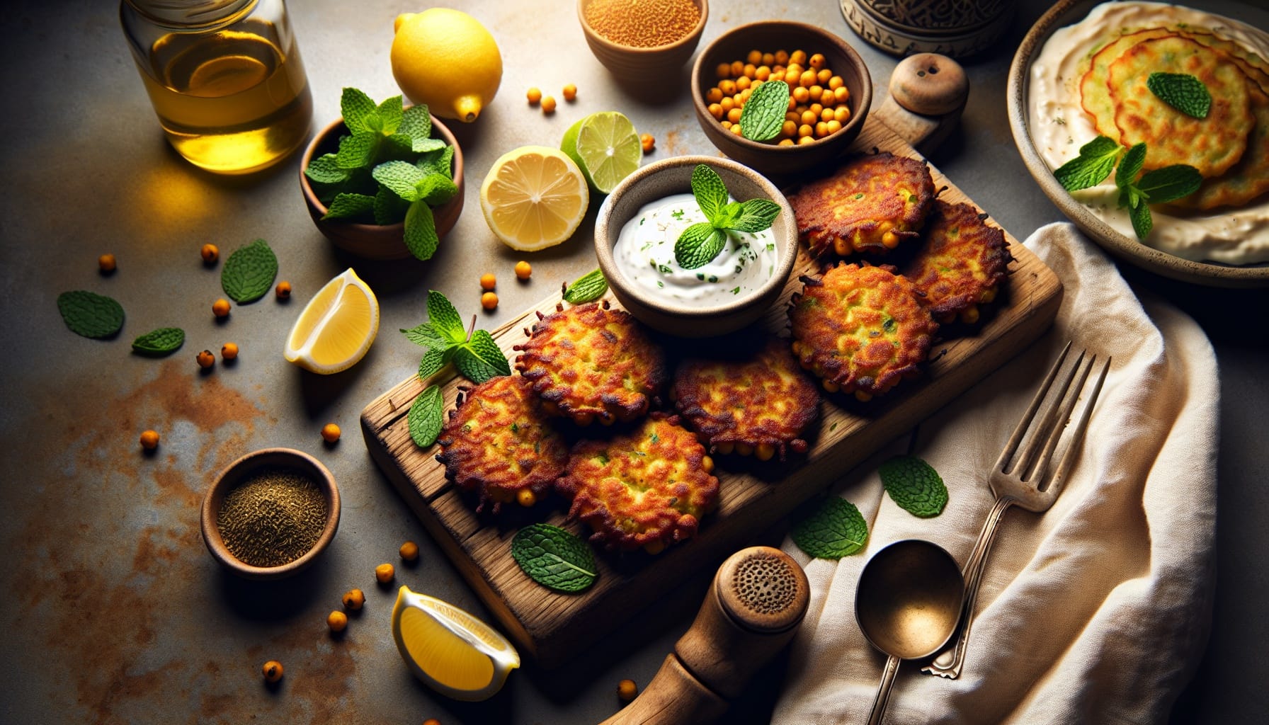 Crispy Cumin Spiced Chickpea Fritters with Minty Lemon Yogurt Dip - A delicious recipe by DigiDish