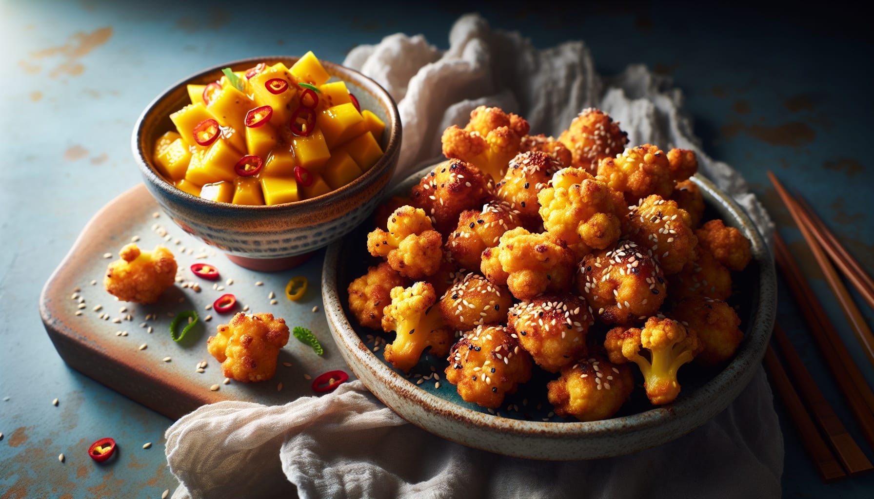 Crispy Sesame Ginger Cauliflower Bites with Sweet Chili Mango Dip - A delicious recipe by DigiDish