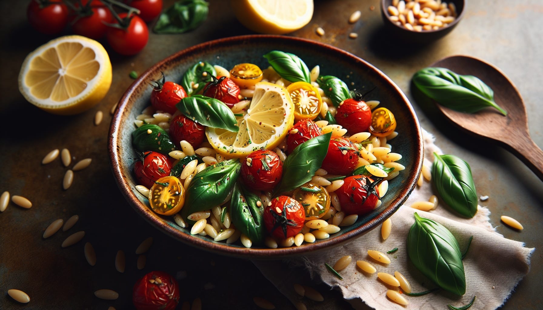 Lemon Basil Orzo Salad with Roasted Cherry Tomatoes and Pine Nut Crunch - A delicious recipe by DigiDish