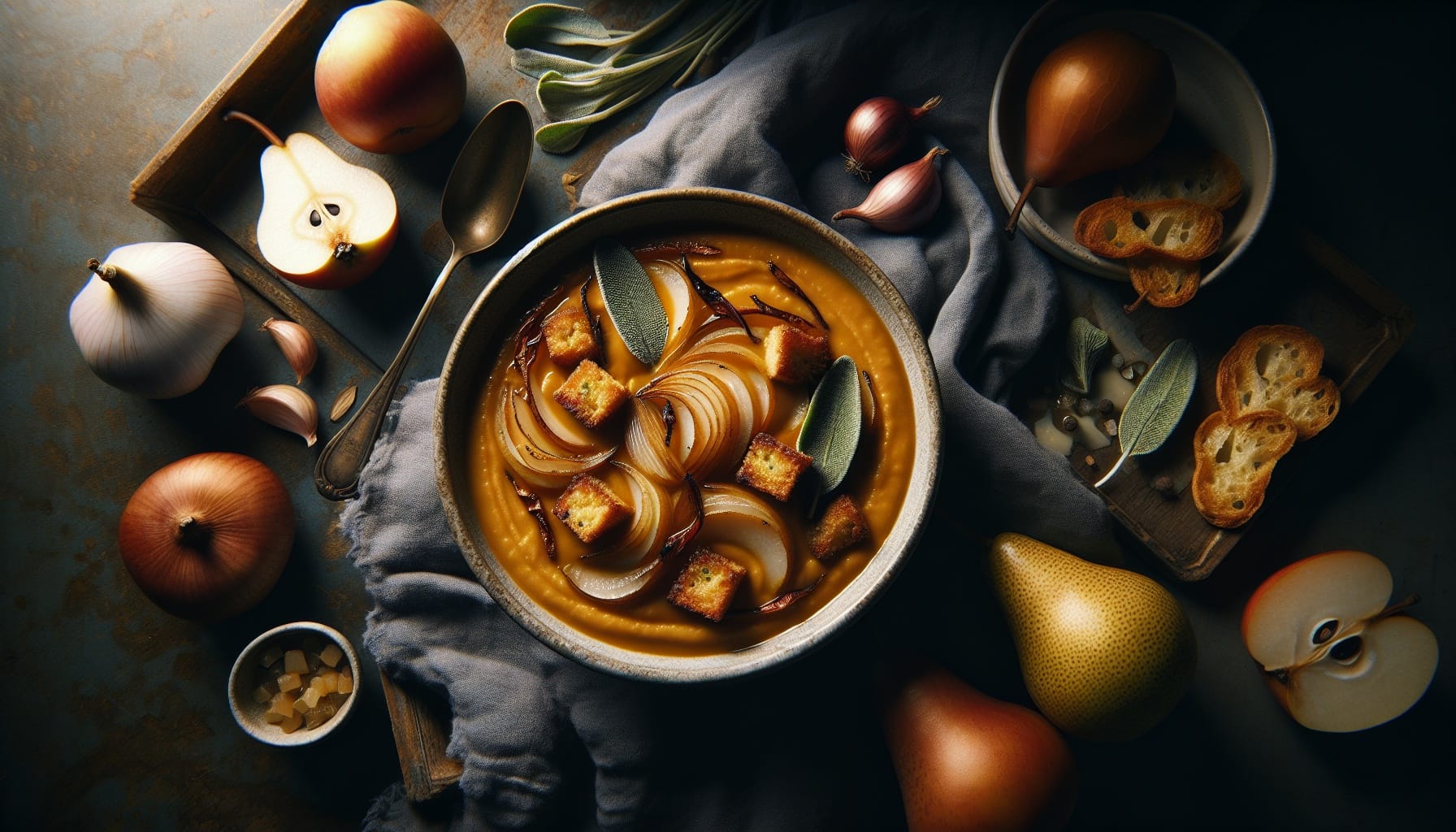 Roasted Pear and Shallot Soup with Sage Brown Butter Croutons - A delicious recipe by DigiDish