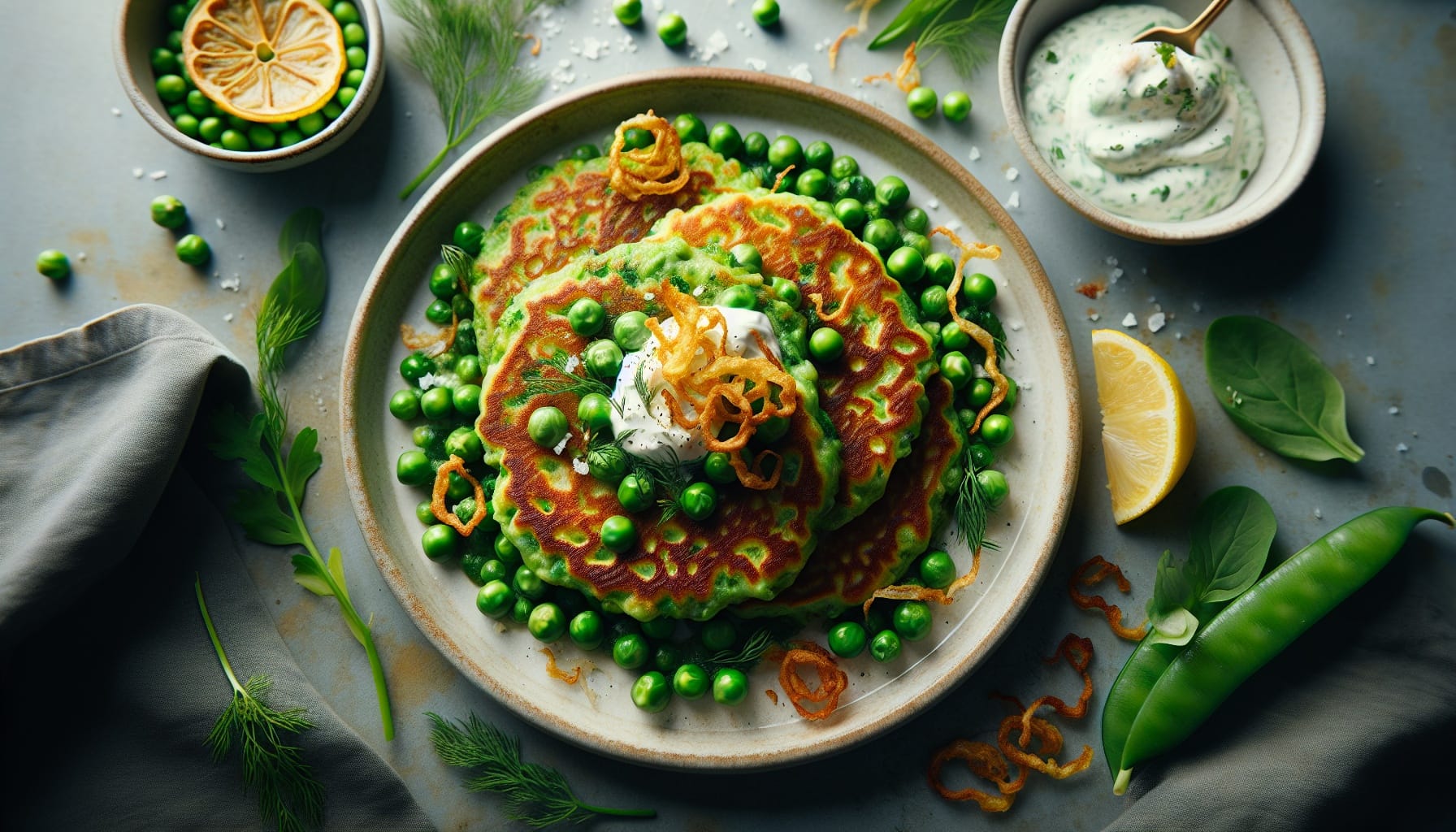 Savory Spring Pea Pancakes with Lemon Herb Sour Cream and Crispy Shallots - A delicious recipe by DigiDish