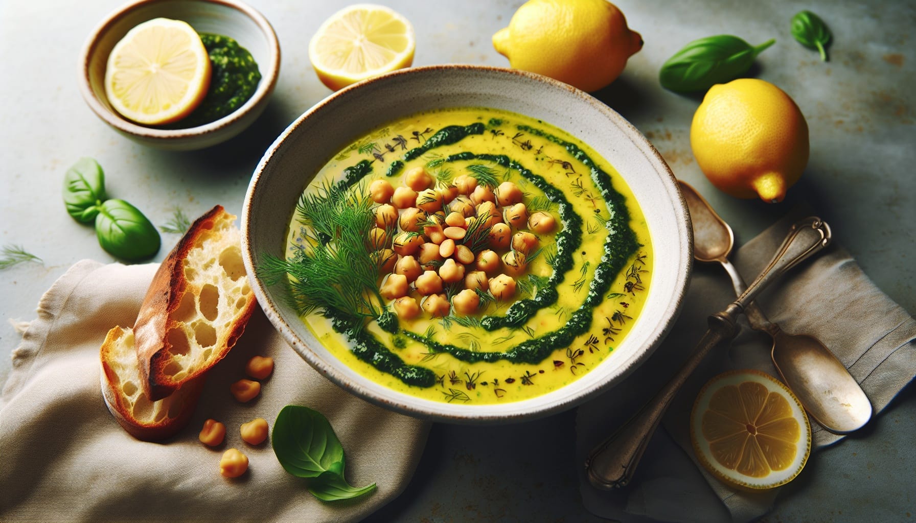 Spring Lemon Chickpea Soup with Dill Pesto and Toasted Pine Nuts - A delicious recipe by DigiDish