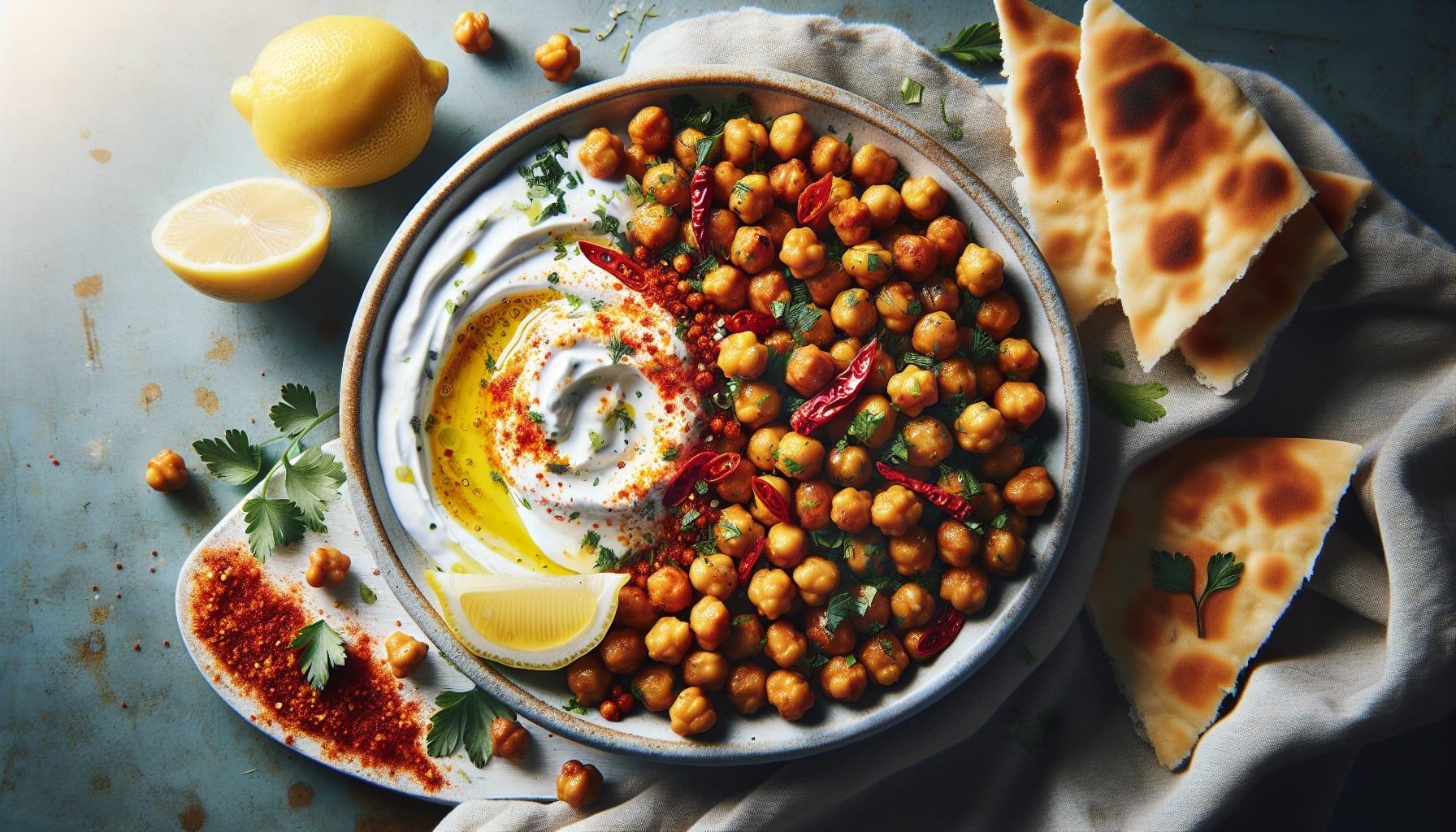 Crispy Lemon Harissa Chickpeas with Herbed Yogurt and Toasted Flatbread - A delicious recipe by DigiDish