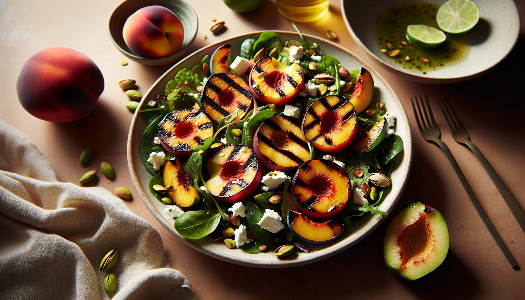 Grilled Nectarine Salad with Honey Lime Vinaigrette and Crunchy Pistachios - A delicious recipe by DigiDish