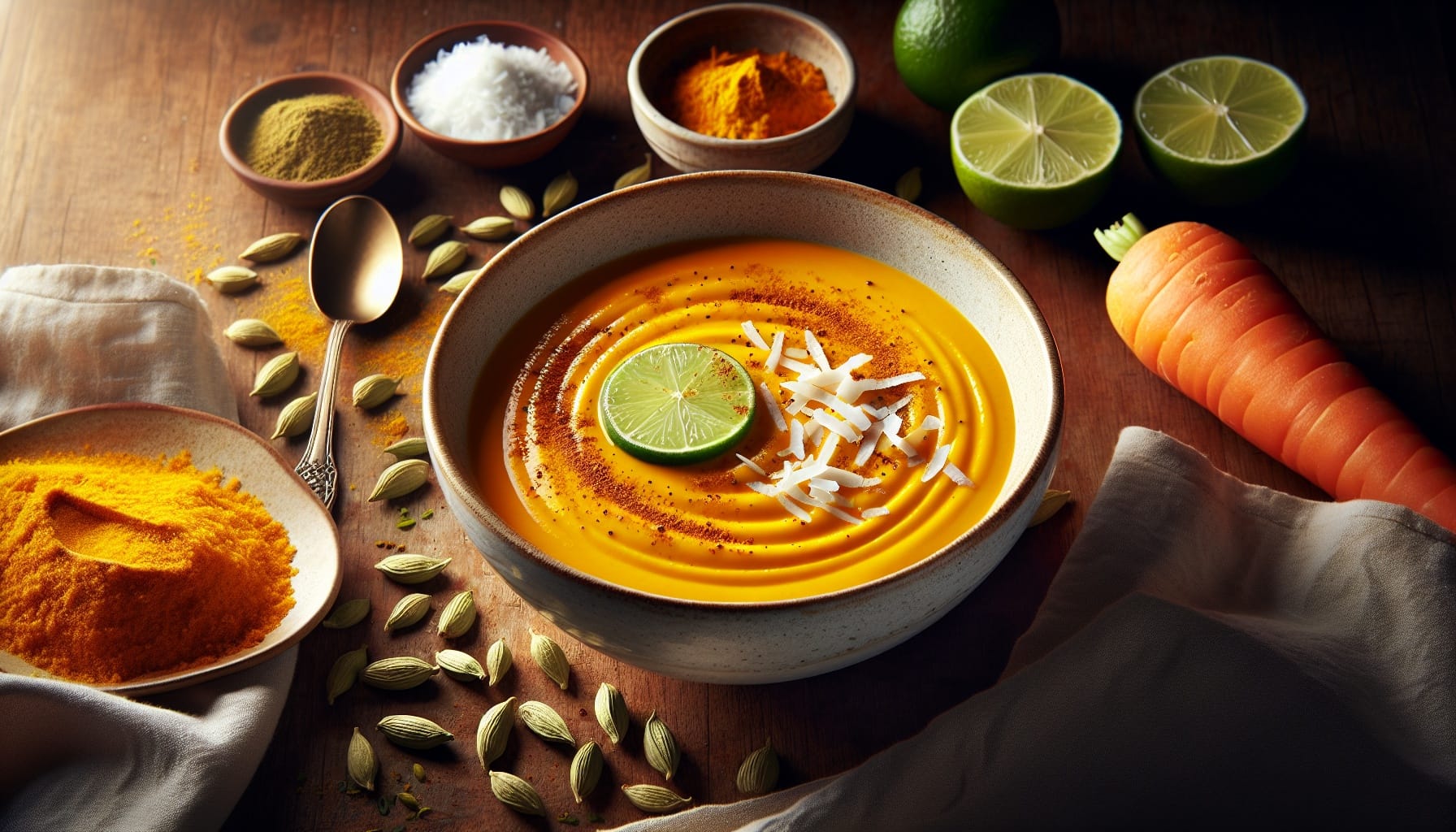 Golden Carrot Cardamom Soup with Toasted Coconut and Lime Dust - A delicious recipe by DigiDish