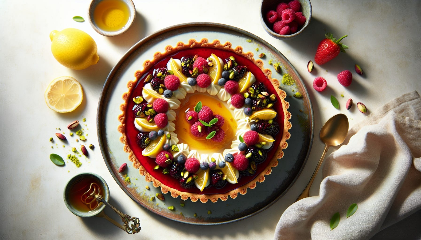 Honey Lemon Labneh Tart with Pistachio Crust and Spring Berry Compote - A delicious recipe by DigiDish
