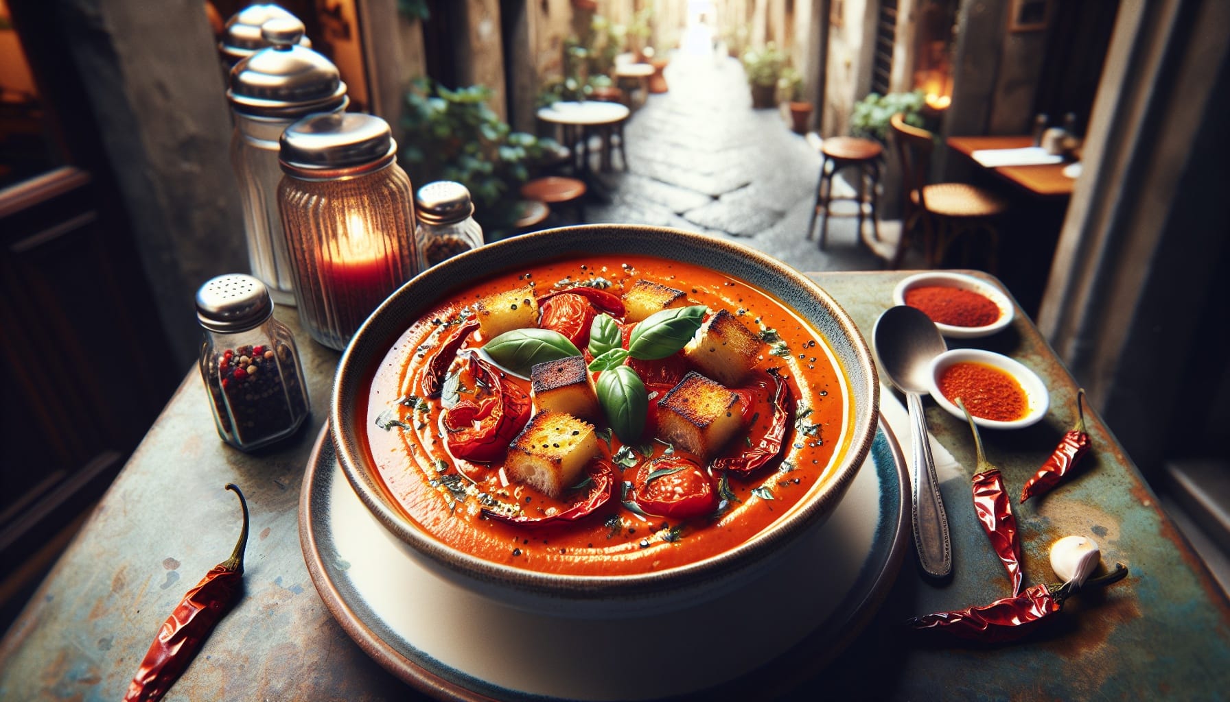 Roasted Red Pepper Tomato Bisque with Basil Croutons and a Drizzle of Chili Oil - A delicious recipe by DigiDish