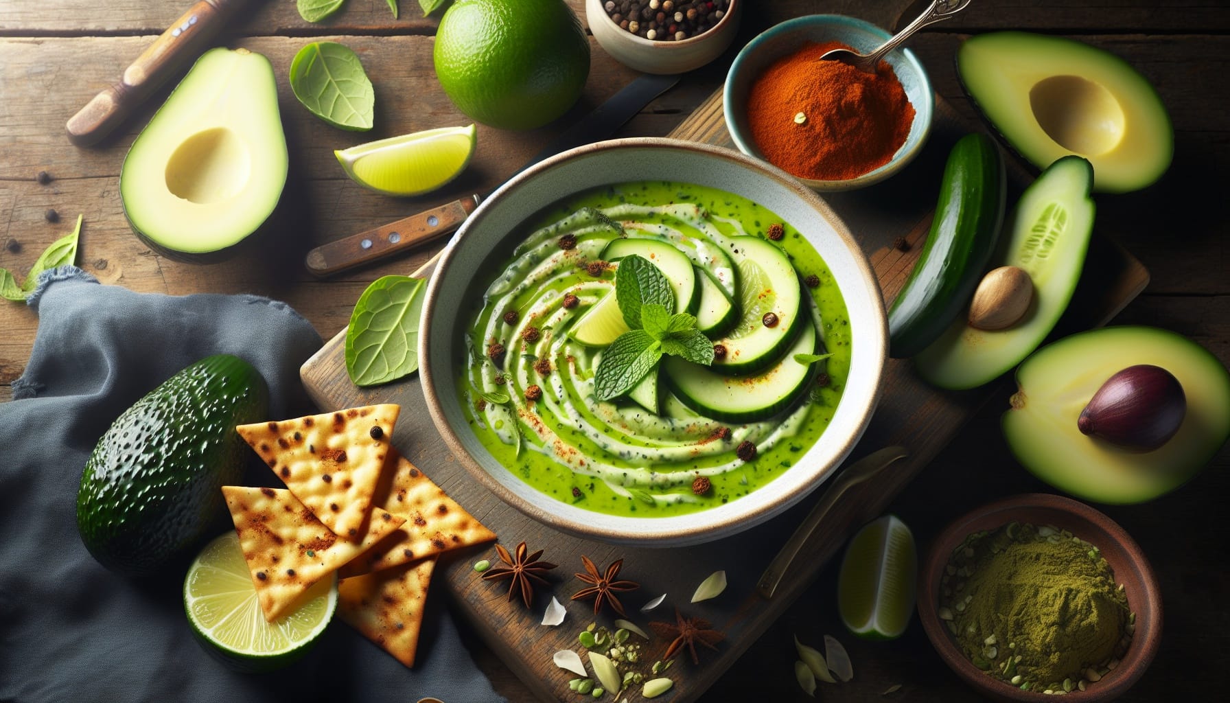 Chilled Cucumber Avocado Soup with Lime Mint Swirl and Spiced Pita Chips - A delicious recipe by DigiDish