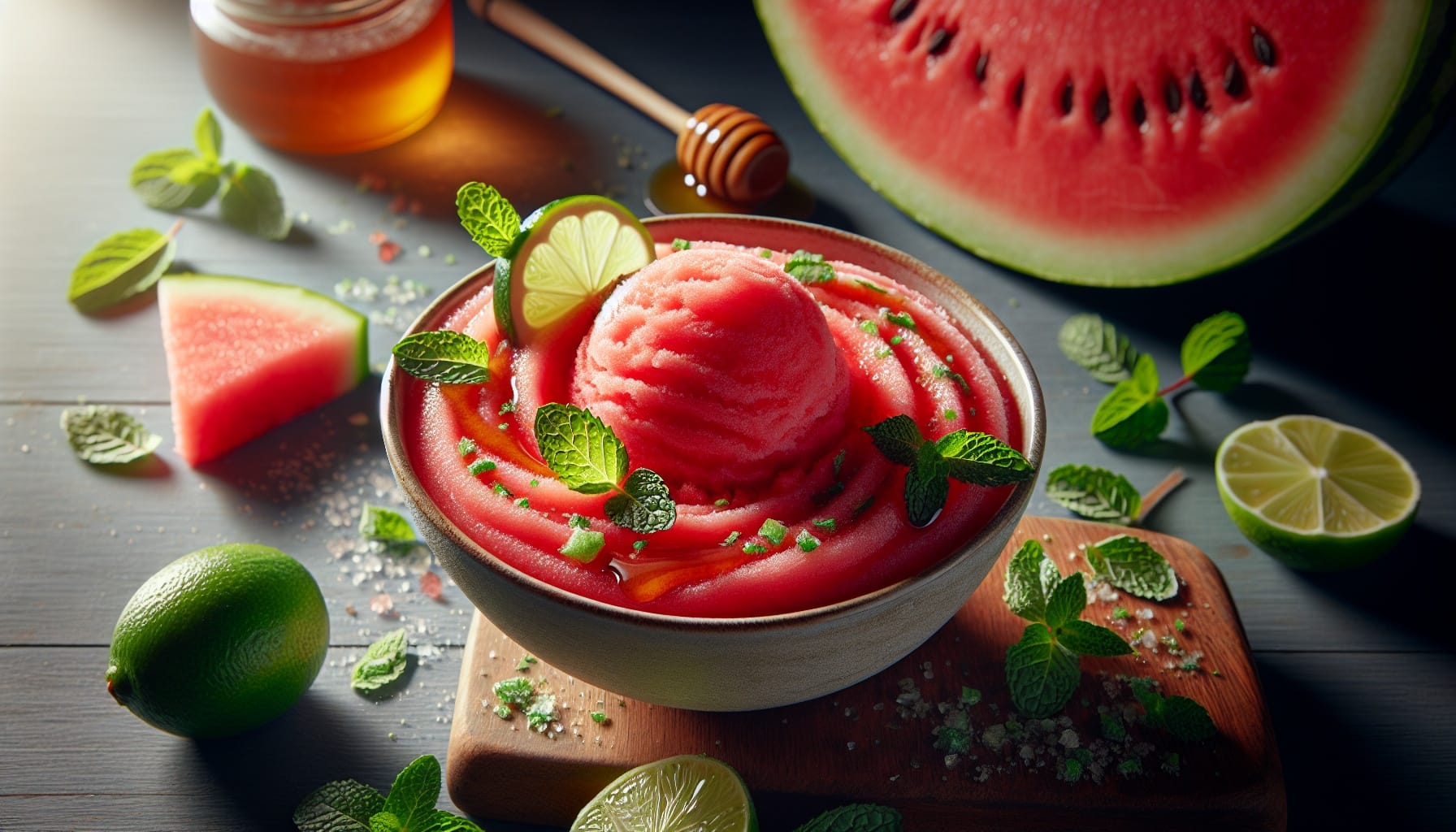 Honey Lime Watermelon Sorbet with Fresh Mint Dust - A delicious recipe by DigiDish
