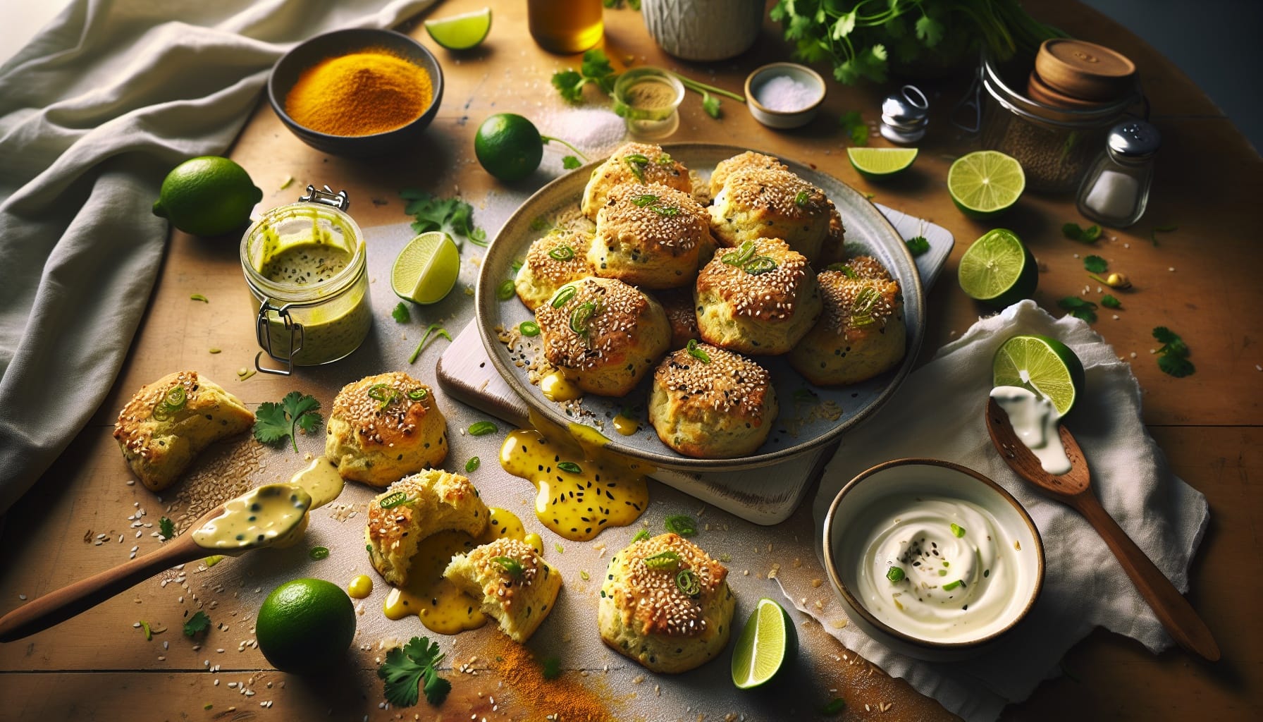 Golden Sesame Turmeric Biscuits with Creamy Lime Cilantro Drizzle - A delicious recipe by DigiDish