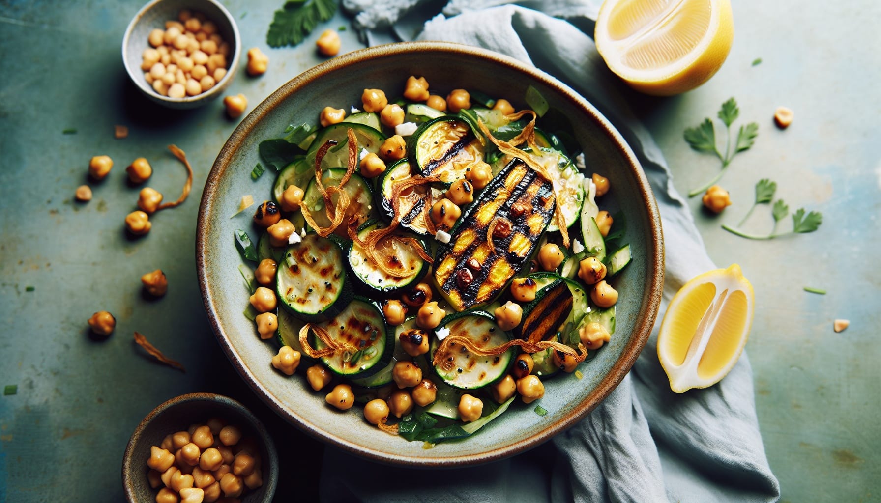 Charred Zucchini and Chickpea Salad with Lemon Tahini Dressing and Crispy Shallots - A delicious recipe by DigiDish