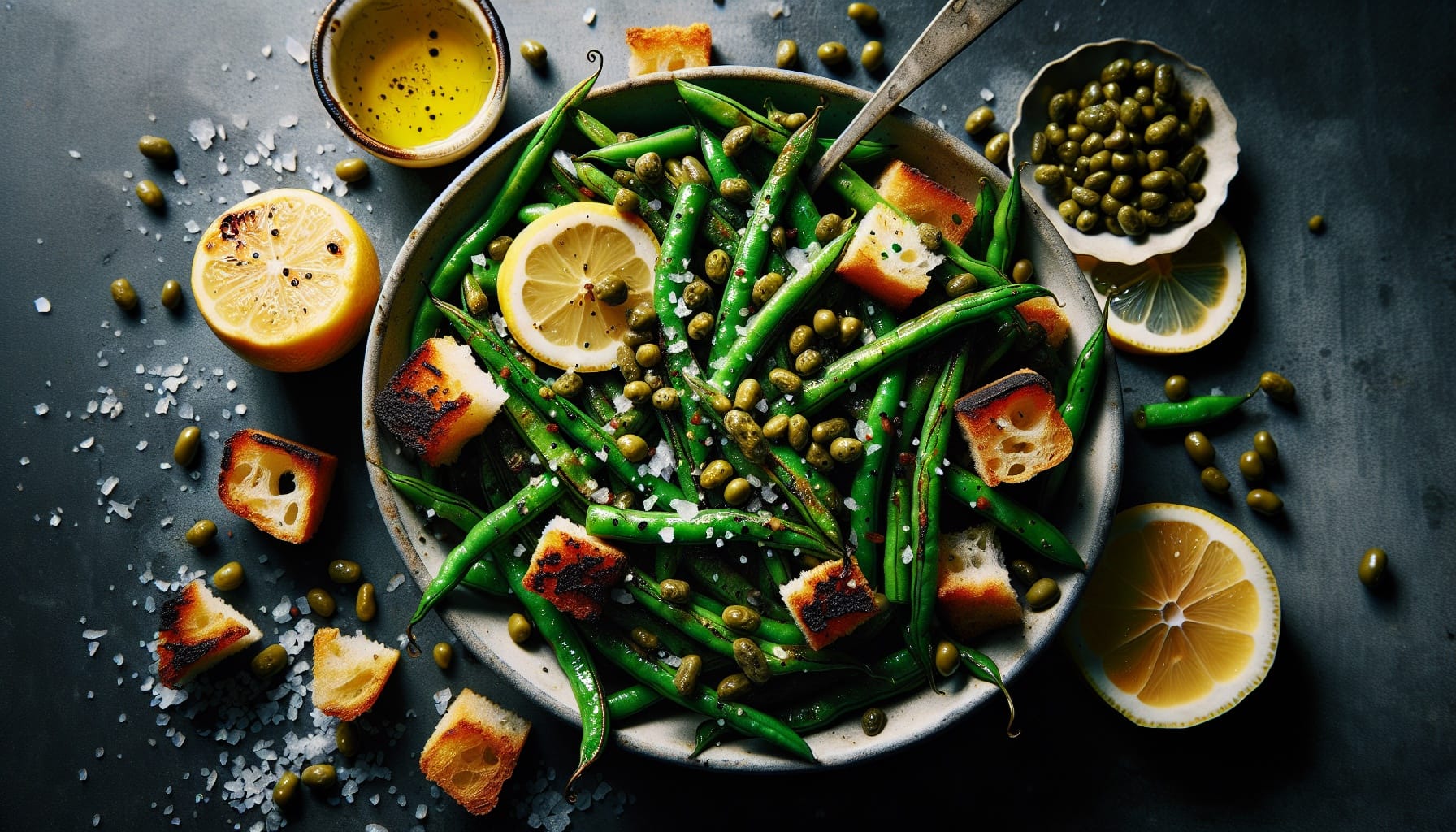 Charred Green Bean Salad with Tangy Lemon Capers and Crispy Garlic Croutons - A delicious recipe by DigiDish