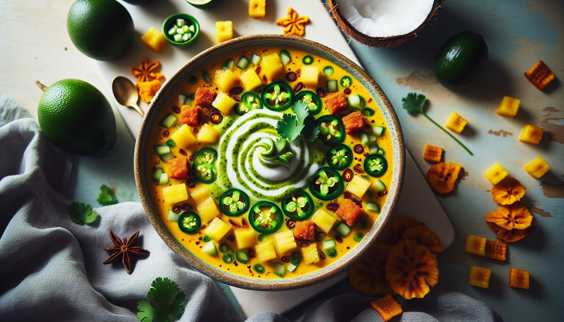 Spicy Pineapple Gazpacho with Cilantro Lime Swirl and Crunchy Plantain Crumbles - A delicious recipe by DigiDish