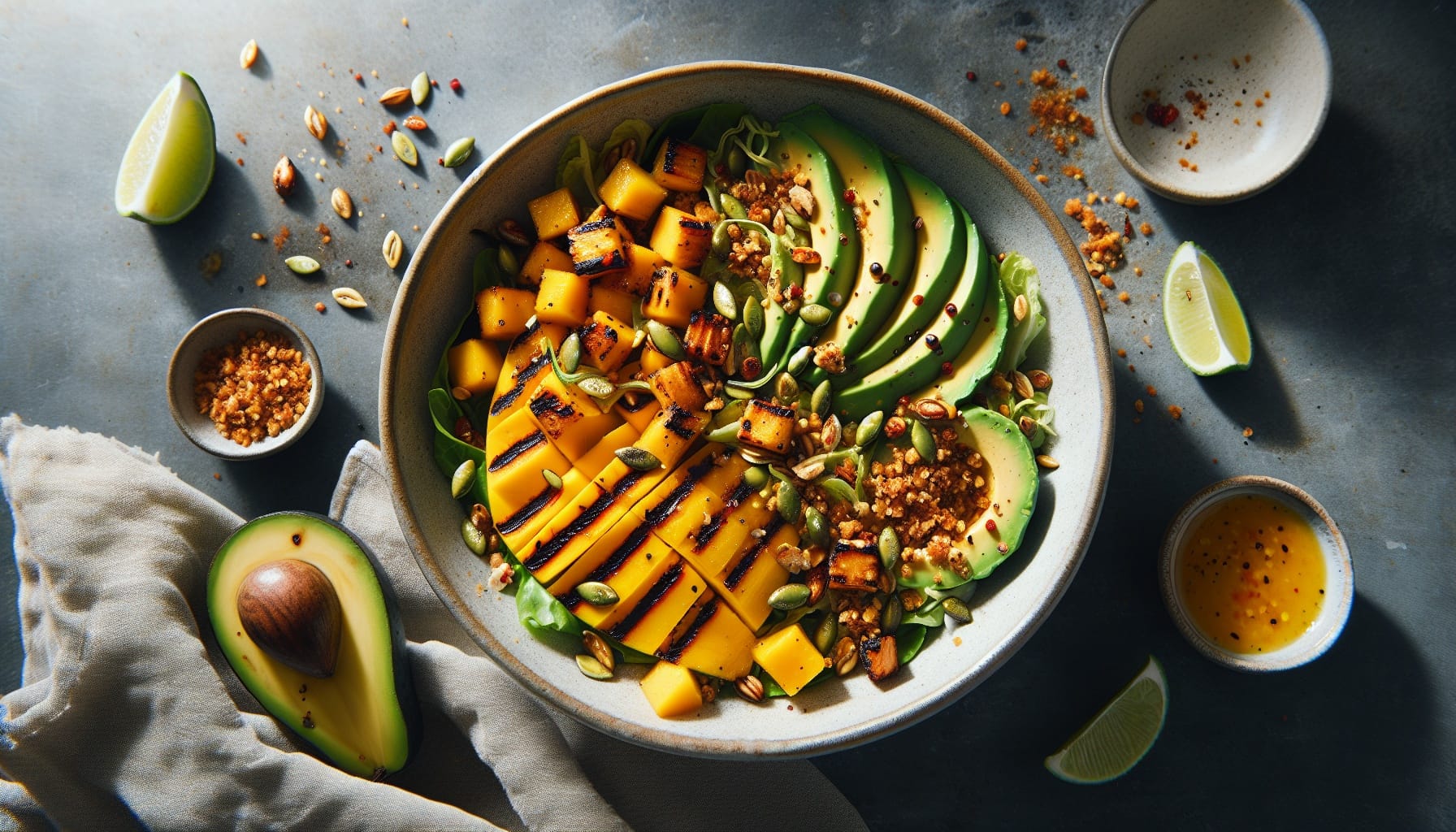 Grilled Mango and Avocado Salad with Chile Lime Vinaigrette and Crunchy Pepita Crumble - A delicious recipe by DigiDish