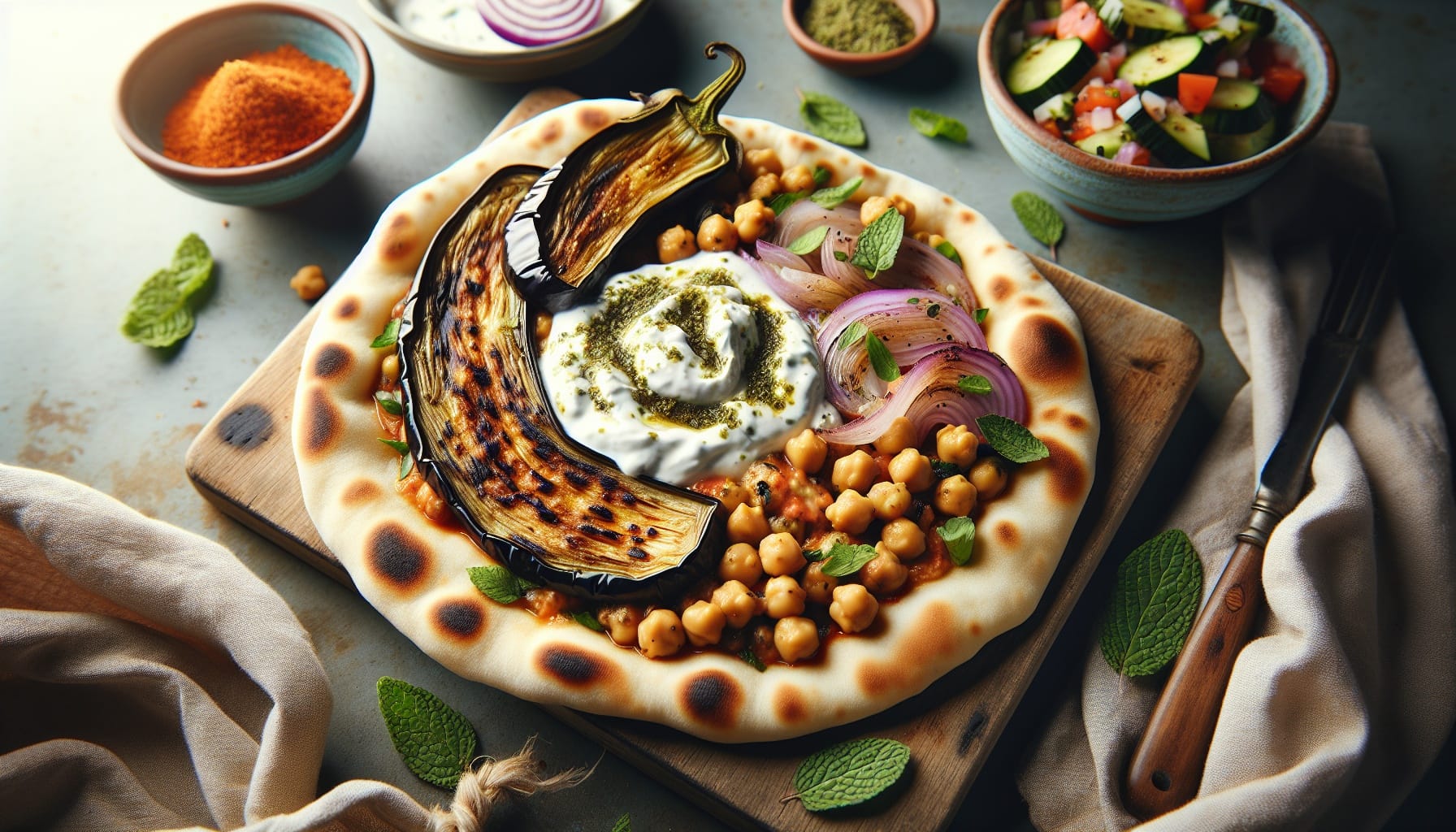 Grilled Eggplant and Chickpea Stuffed Flatbreads with Zahtar Herb Yogurt - A delicious recipe by DigiDish