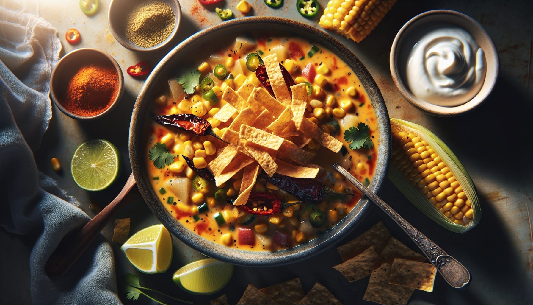 Smoky Corn Chowder with Roasted Hatch Chiles and Crispy Tortilla Strips - A delicious recipe by DigiDish