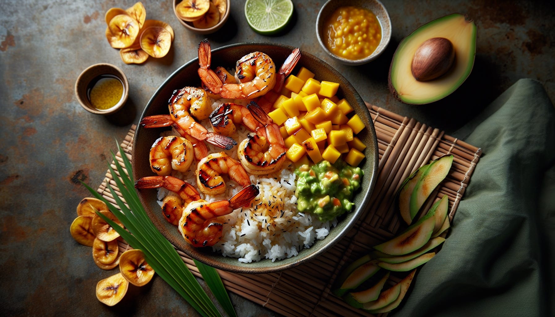 Grilled Honey Ginger Shrimp Bowl with Mango Avocado Salsa and Coconut Rice - A delicious recipe by DigiDish