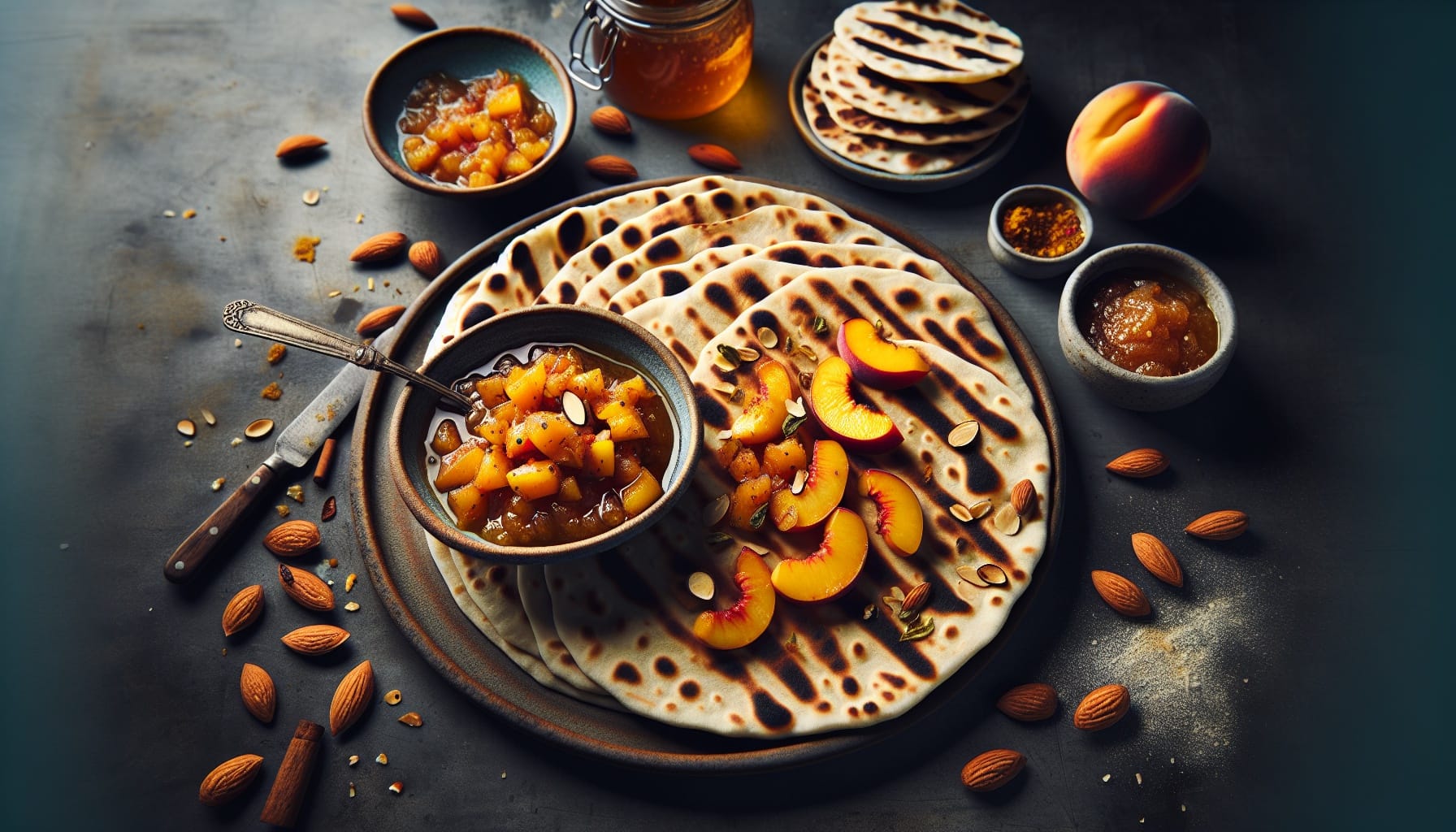 Spiced Peach and Ginger Chutney with Toasted Almond Flatbreads - A delicious recipe by DigiDish