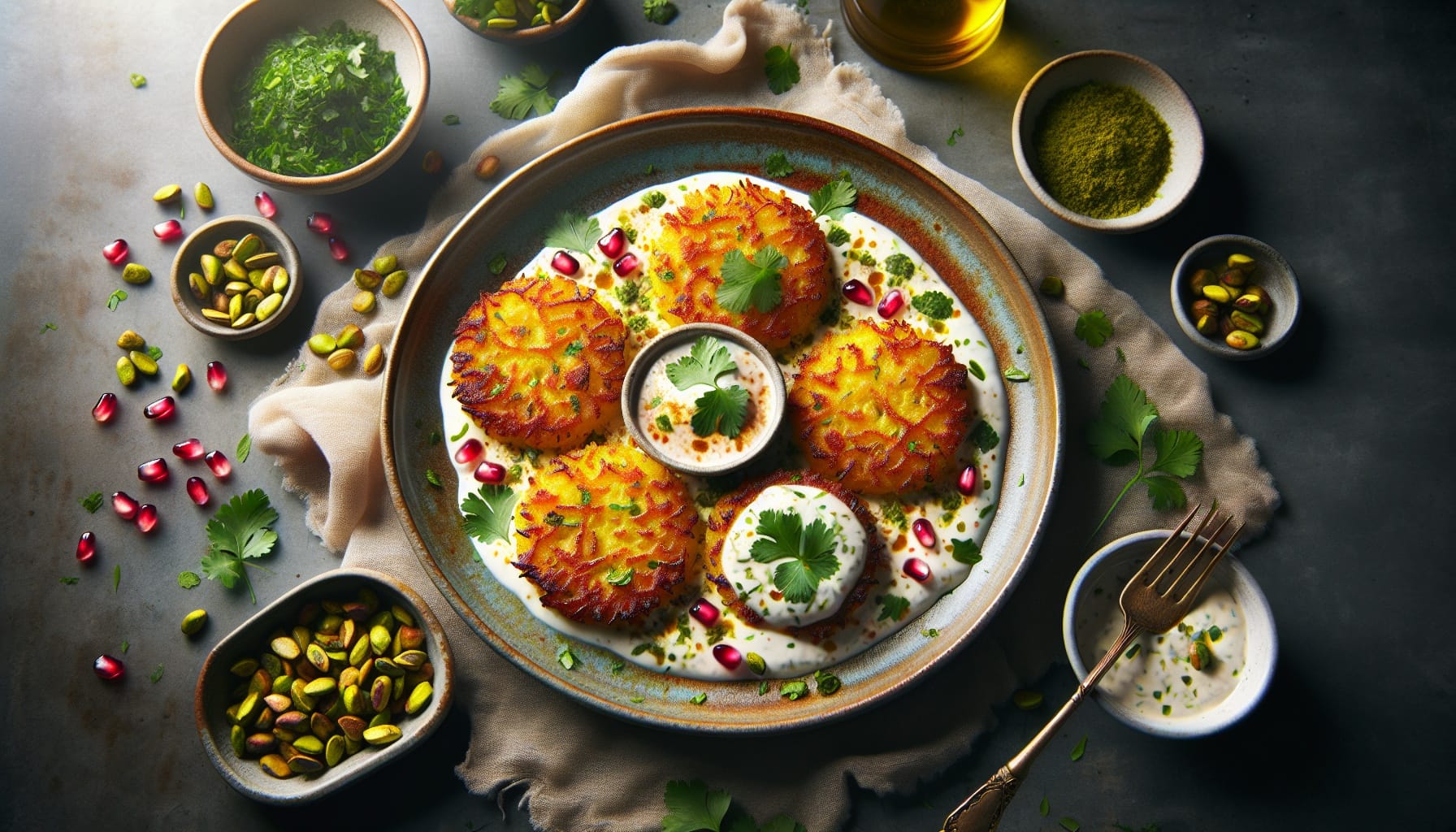 Crispy Saffron Rice Cakes with Spiced Yogurt and Fresh Herb Crunch - A delicious recipe by DigiDish