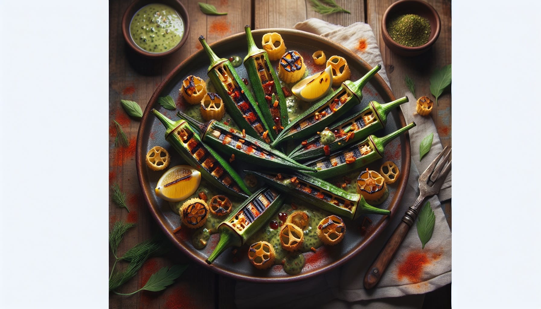 Smoky Paprika Grilled Okra with Lemon Herb Drizzle and Crispy Shallot Crunch - A delicious recipe by DigiDish