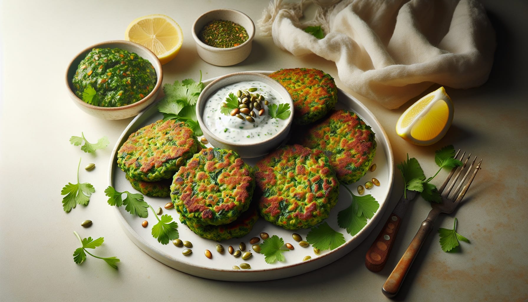 Crispy Green Lentil Patties with Lemon Garlic Yogurt and Herb Crunch - A delicious recipe by DigiDish