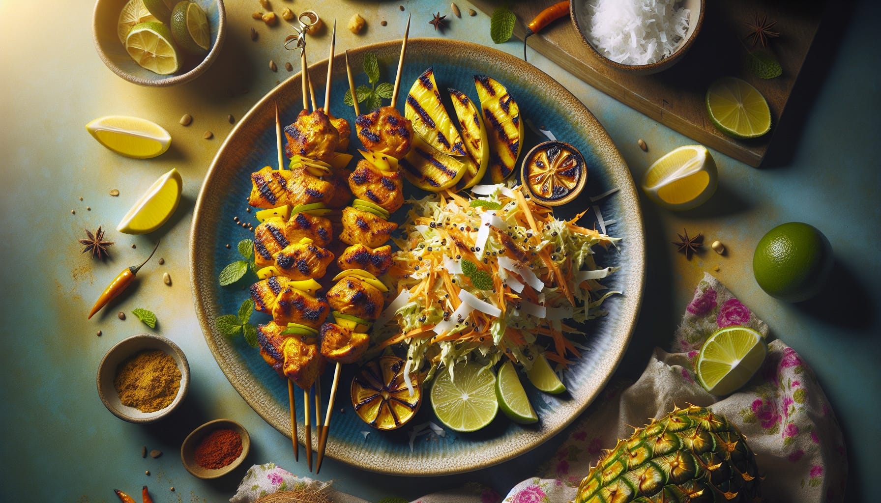 Grilled Lemon Turmeric Chicken Skewers with Spiced Coconut Cabbage Slaw - A delicious recipe by DigiDish