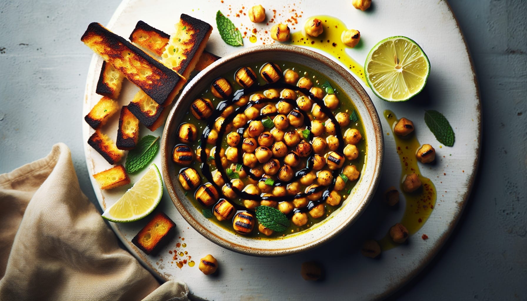 Smoky Grilled Chickpea Soup with Cumin Lime Oil and Crispy Garlic Croutons - A delicious recipe by DigiDish