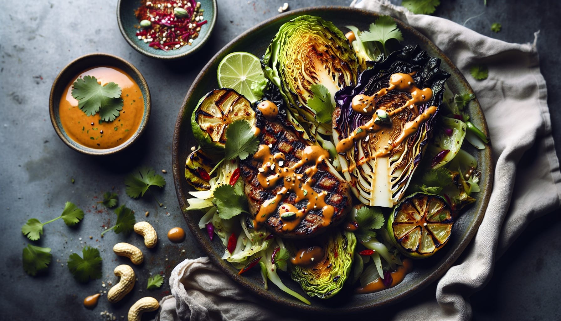 Grilled Ginger Lime Cabbage Steaks with Spicy Peanut Drizzle and Fresh Herb Crunch - A delicious recipe by DigiDish