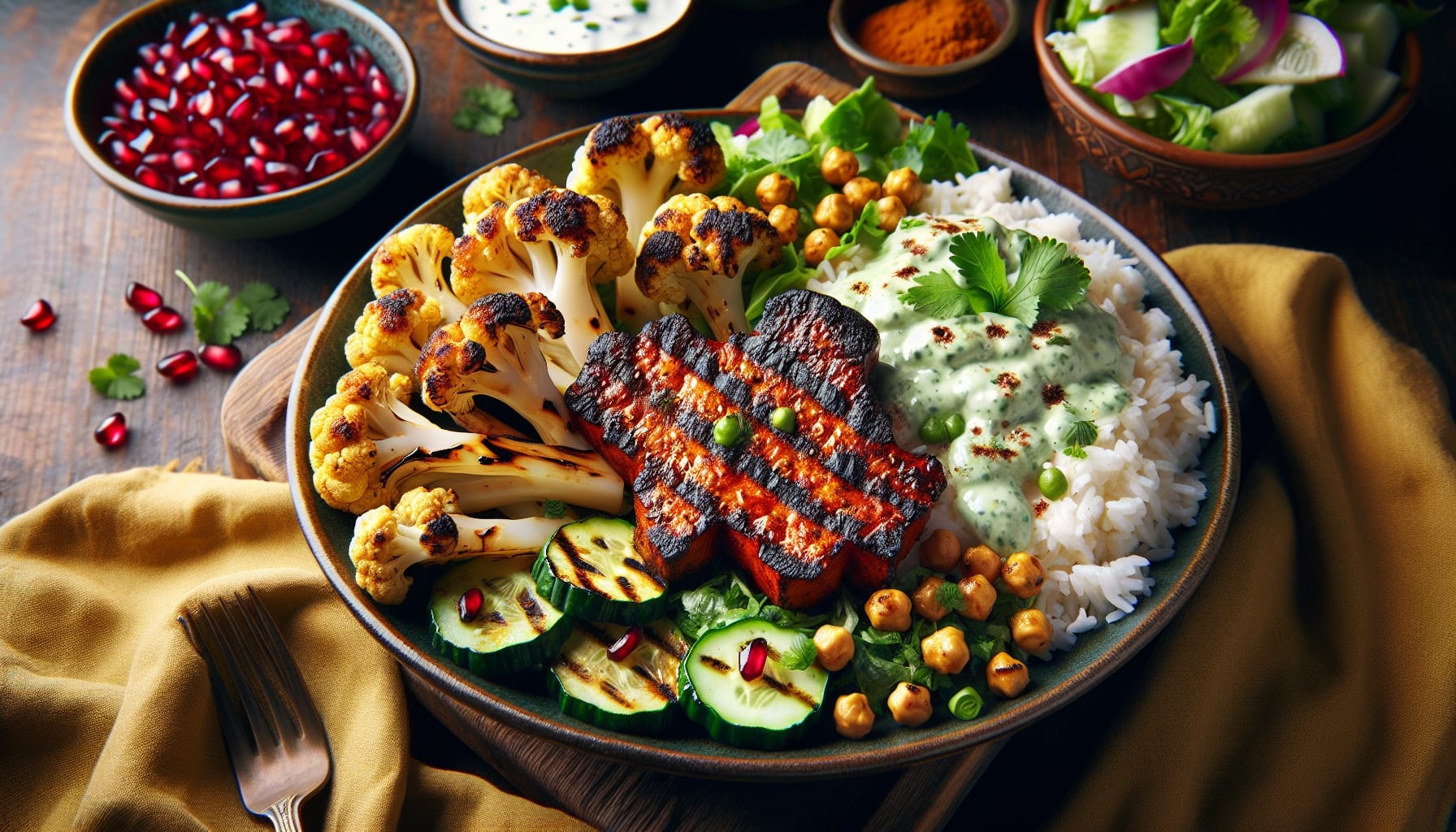 Grilled Tandoori Cauliflower Steaks with Minted Cucumber Raita and Toasted Chickpea Sprinkle - A delicious recipe by DigiDish