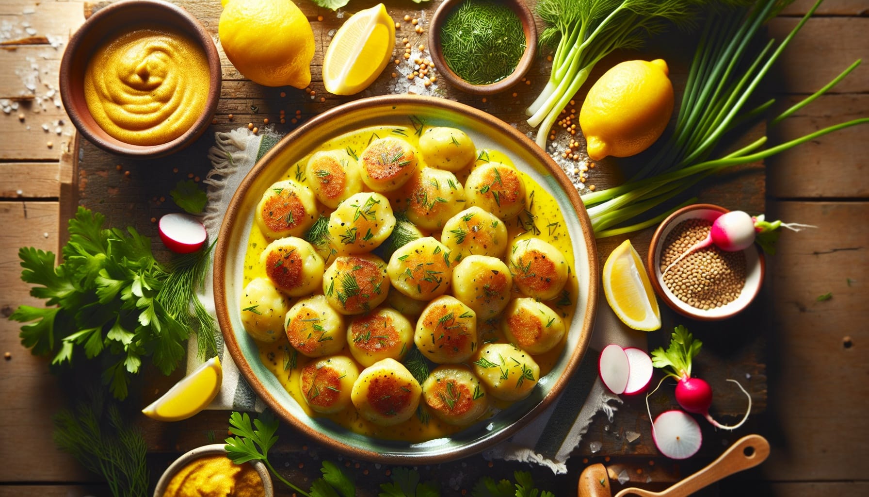 Crispy Herb Potato Dumplings with Lemon Mustard Cream and Pickled Radish Crunch - A delicious recipe by DigiDish