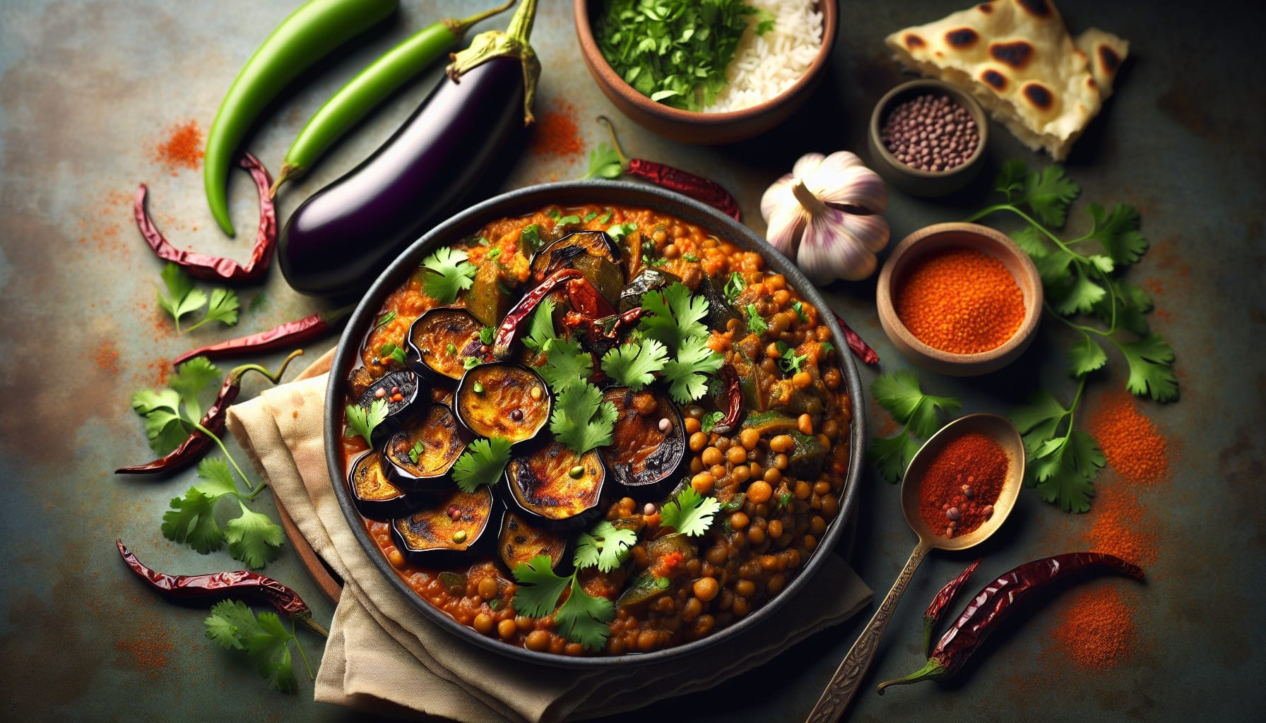 Smoky Tamarind Eggplant Stew with Garlicky Lentils and Fresh Coriander - A delicious recipe by DigiDish