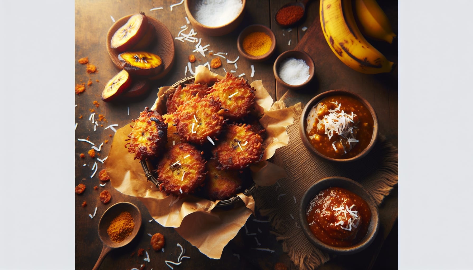 Crispy Coconut Plantain Fritters with Spiced Tamarind Dipping Sauce - A delicious recipe by DigiDish