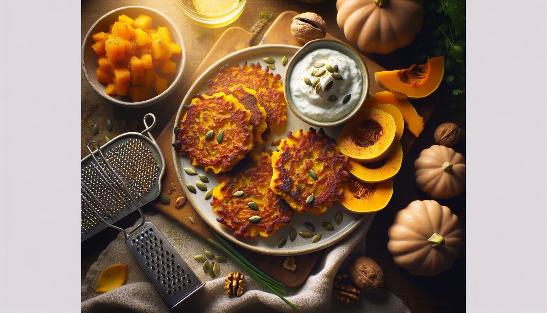 Spiced Butternut Squash Fritters with Lemon Chive Yogurt and Toasted Pumpkin Crunch - A delicious recipe by DigiDish