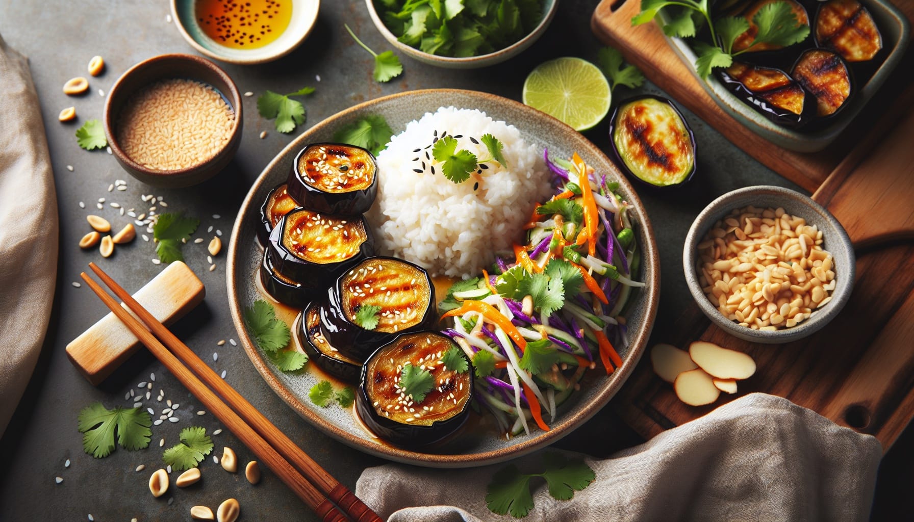 Golden Sesame Eggplant Rolls with Gingered Coconut Rice and Fresh Herb Slaw - A delicious recipe by DigiDish